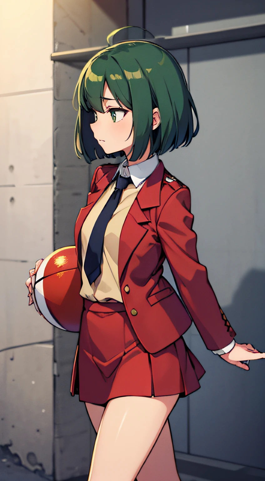 ((masutepiece, of the highest quality)), (Solo), profile, Built for cameras、oriented, profile,sleepy,uniform, Long white shirt, Blue tie, Red Blazer, Red vest, Beige skirt, Skirt is knee-length,Blue High Socks, Loafer shoes, Girl, small tits , Slender thighs, Soft skin, clean big dark green eyes (High detail eyes), Silky short bob that falls straight to shoulder length, short hair towards the back of the head, Dark green hair,Gymnasium, Walk, Holding the ball with both hands, Looking Up, Overhead configuration, Express dissatisfaction, Floating Droplets, Lens Flare, Fine Features, Perfect Anatomy, Centered, Perfect distance, Highly detailed, with an intricate, acurate, Highly detailed rich colors, Smooth, Rich colors, acurate, clean, Rich colors, elaborate details, golden ratio illustrations