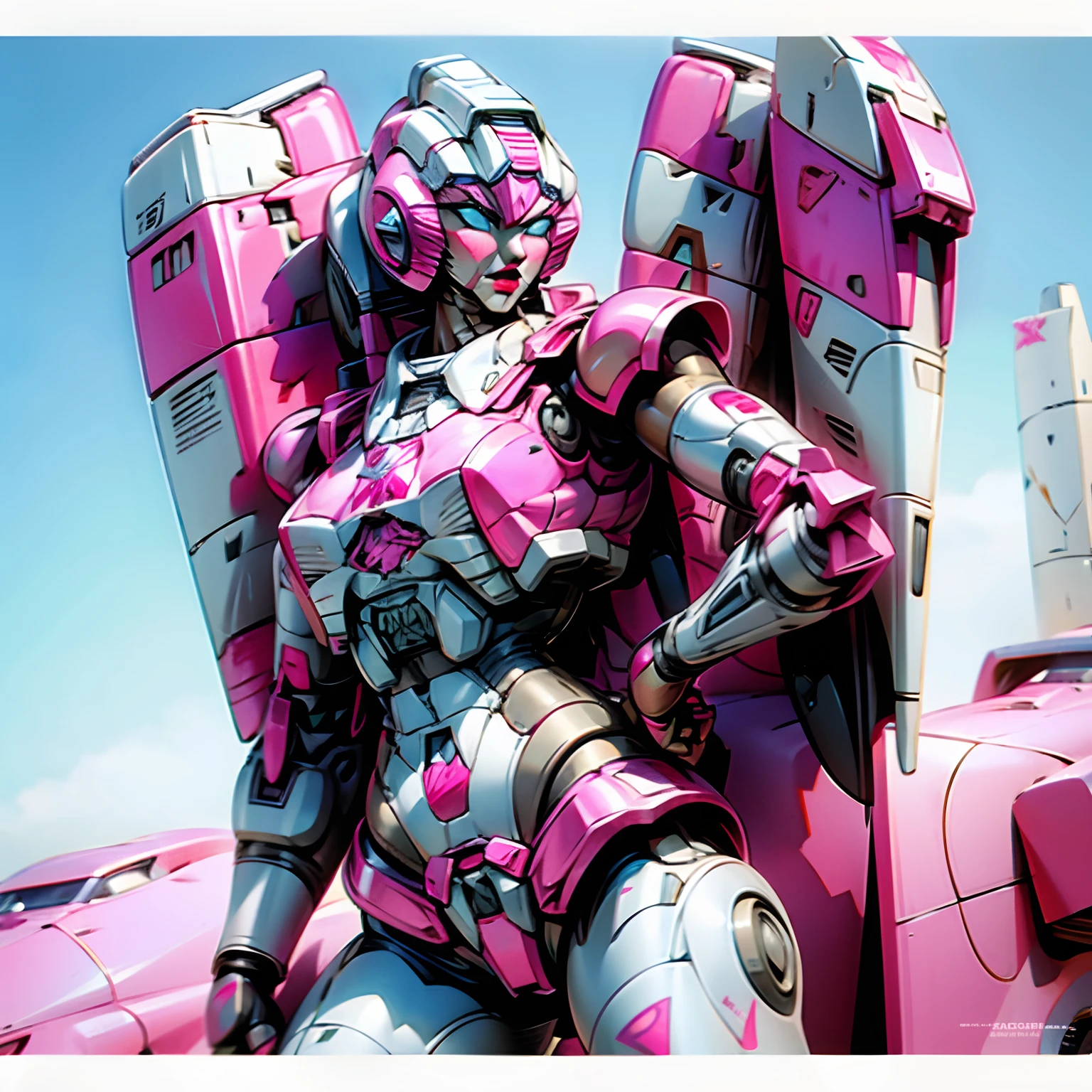 Transformers Arcee, pink white armor, two arms, two hands, airplane nose art style,