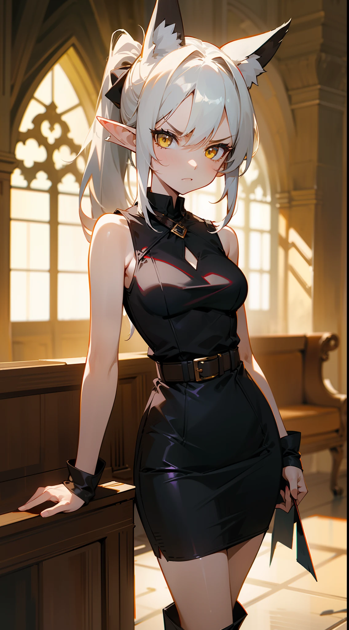 Original Character,8k, Masterpiece, Best Quality,Detailed, solo),1girl, medium breasts,black shirt,sleeveless,black pencil skirt,black long boots,ponytail hair,yellow eyes,white hair,fox ears,elf ears,(standing in a room in castle),angry,cowboy shot
