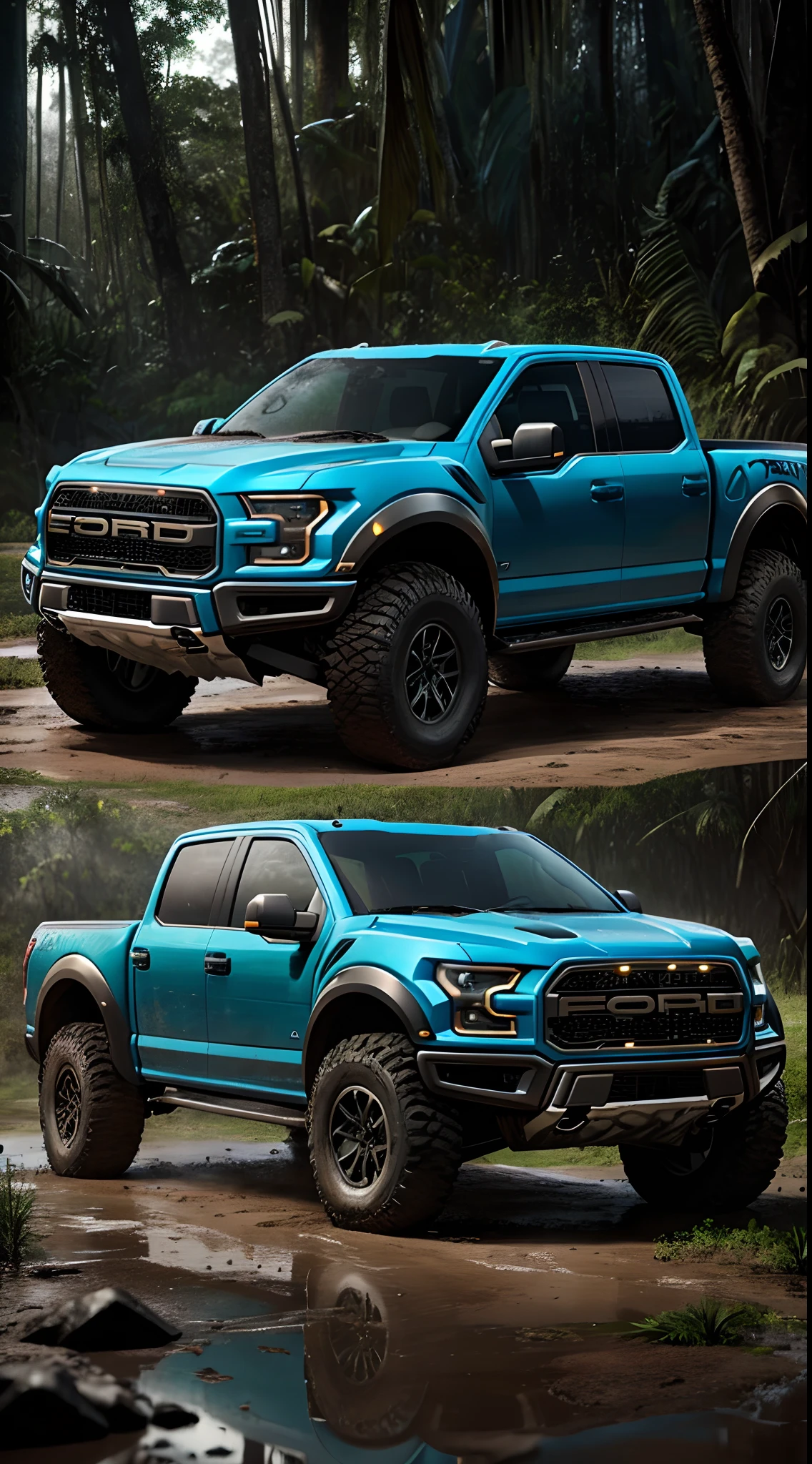 ONE ford 150 raptor, very big tires, monster tires, huge tires in mud, metallic blue, swamp, dirty, rusty, muddy ground, dirt, in a jungle, dark mood, night, cold, low saturation, realism, 3d render, octane, shallow dof, contrast, crisp details, cinematic, epic, 8K