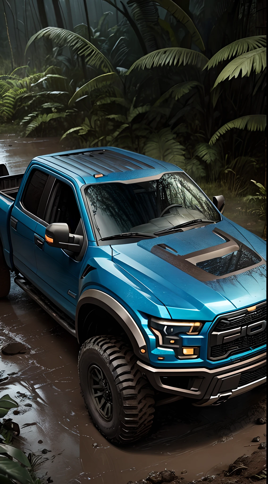 ONE ford 150 raptor, very big tires, monster tires, huge tires in mud, metallic blue, swamp, dirty, rusty, muddy ground, dirt, in a jungle, dark mood, night, cold, low saturation, realism, 3d render, octane, shallow dof, contrast, crisp details, cinematic, epic, 8K