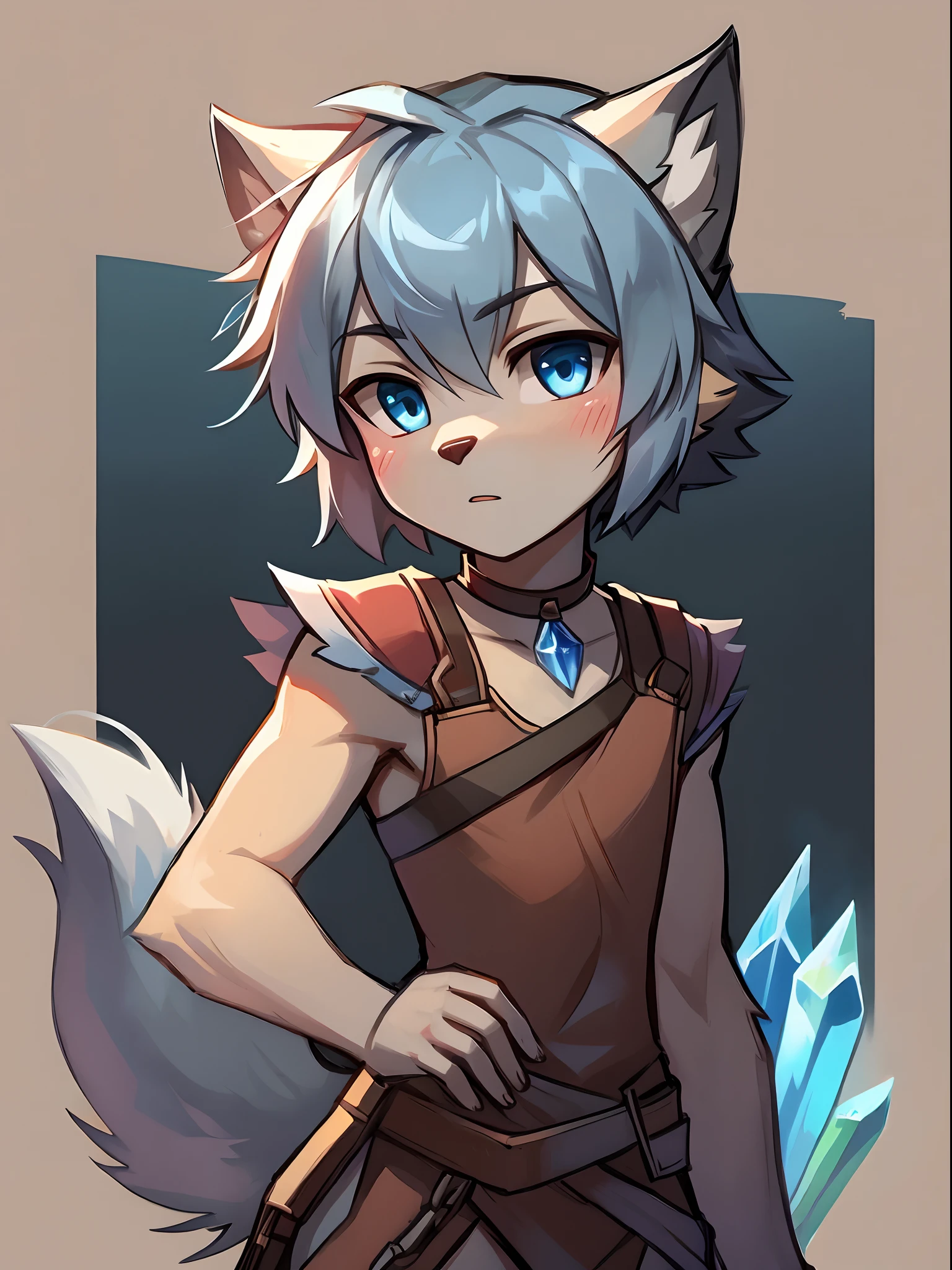 Furry，Wolf boy，White fur，crystal blue eyes，Single fluffy tail，greyt hair，short detailed hair