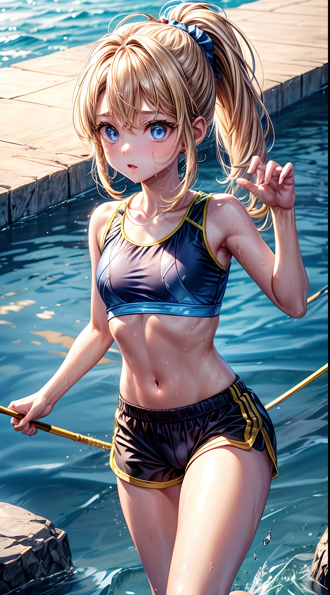 femele,１Child 0 years old,Golden head hair,sports wear,Sportsbra,shortpants,Side Up Ponytail,Blue eyes,through,Mansuji, are see-through,small tits,Leaking pee,The crotch is wet