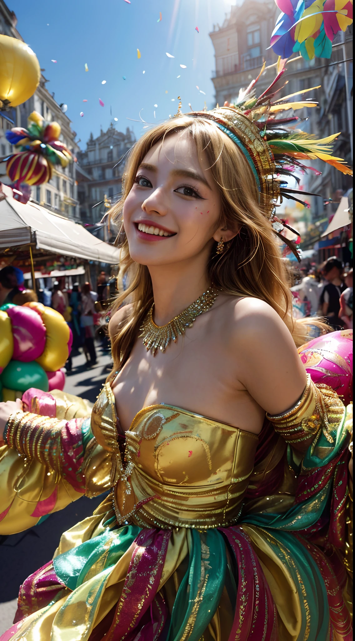 (masterpiece, high resolution, colorful:1.4), joyful crowd, (elaborate costumes:1.3), (feathered headdresses:1.1), dancing parade, (energetic music:1.2), confetti-filled streets, lively atmosphere, (decorative floats:1.1), (bustling market stalls:1.2), (delicious street food:1.1), smiling faces, (balloons:1.3), cheerful balloons, (festive decorations:1.1), (bright lights:1.3), dynamic angle, (flying streamers:1.2), vibrant colors, (dazzling fireworks:1.3), exuberant celebration, (samba dancers:1.2), rhythmic movements, blonde long hair, 8k, extremely detailed face, extremely detailed eyes, 8k, Small breasts