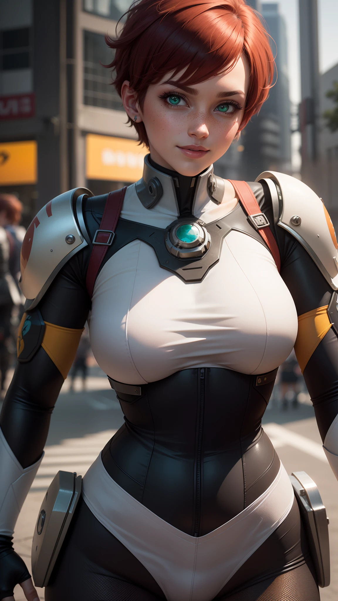 gwen tennyson,tracer,samus,rebecca chambers,overwatch,gundam,1girl,close up,mecha pilot,space port,mecha uniform,space marine,pirate corset, white long sleeve lycra top,white leggings,short hair,war makeup,green eyes,orange hair,white hair highlights,shy smile,freckles,redhead,beautiful girl,large breasts,ultra detailed,realistic,fantasy art,