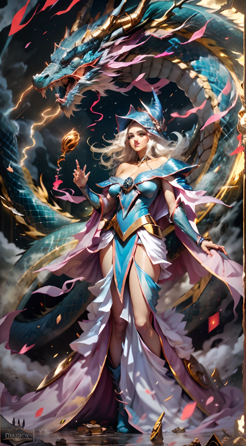 The White Dragon rose into the air(The Dark Wizard manipulates the dragon:1.3),(The dark wizard girl is in front of the camera:1.3),Las nubes del cielo rodean los alrededores,magia de luz,fantastic background,Significado de fondo,Ridiculous background,There are artistic overlays,cabello rubio, surrealismo, cinematic lighting, Trazado de rayos, Luz de Dios, Speed Line, view angle, hiper HD, obra maestra, La mejor calidad, Super detail, A high resolution, alta calidad,(vista lejana:1.3)Dark Wizard Dragon Magic