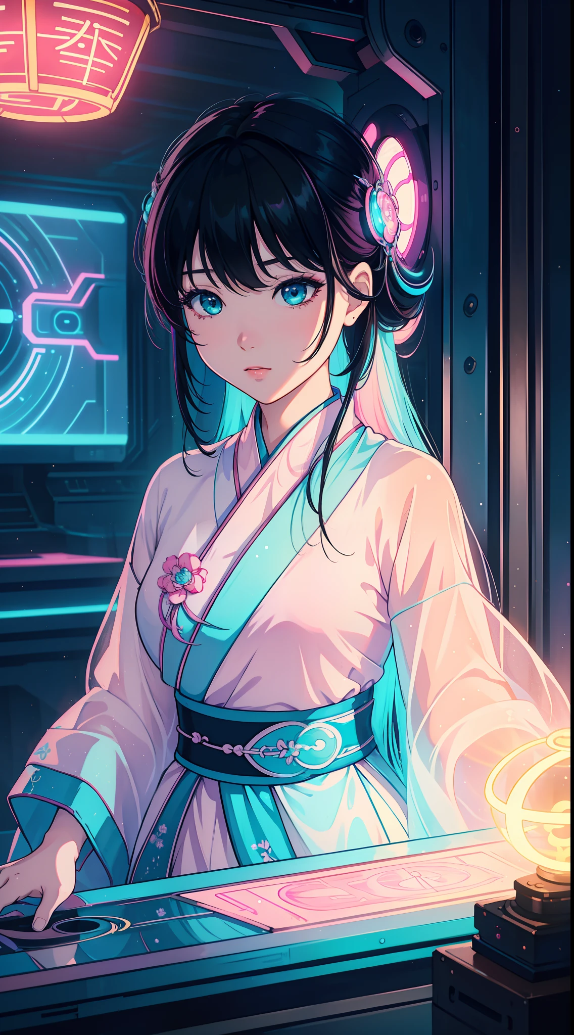 neonlight，holy rays，Chinese girl in white Hanfu，black color hair，Disney  style，PIXAR style，cyber punk style，Ring light，flowing，hyper realisitc，pastel colour，Pink cyan，Incredibly beautiful，Elements of reality and fantasy are mixed，Elegant composition，3Drenderingof，Soft focus，oc，Blander，best qualtiy，super detailing，Good atmosphere，delicated，cg render，detail render，（Delicate facial portrayal）（Fine hair portrayal）（highest  quality）（Master masterpieces）（High degree of completion）（a sense of atmosphere）8k wallpaper，tmasterpiece，ultra - detailed