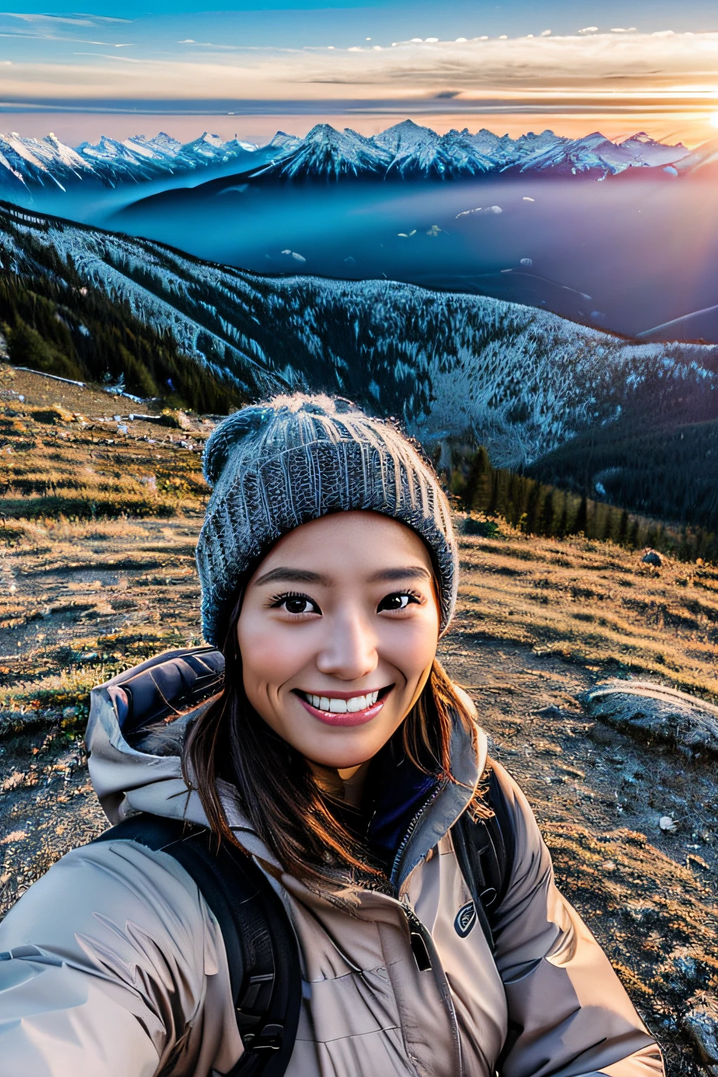 (Upper body selfie:1.3),Winter climbing,With a superb view from the summit in the background,Beautiful sunrise,Remove the beam from above,Backlighting,Generate images of beautiful women around the world,Especially while reflecting elements of Western beauty.Woman with natural smile and attractive expression,Woman with natural smile and attractive expression,Transparent skin,sparkle in eyes,Expresses an elegant atmosphere,,Solo, backpack,knit hat,Sweaters,gloves,Mountain boots,water bottle,Camping stove,kettle,mug,Single-person tent,strong wind blowing,blizzard,Hair fluttering in the storm,(The 8k quality,masutepiece,top-quality,Ultra-high resolution output image,),(Highly detailed raw photos:1.3),(Image Mode Ultra HD),