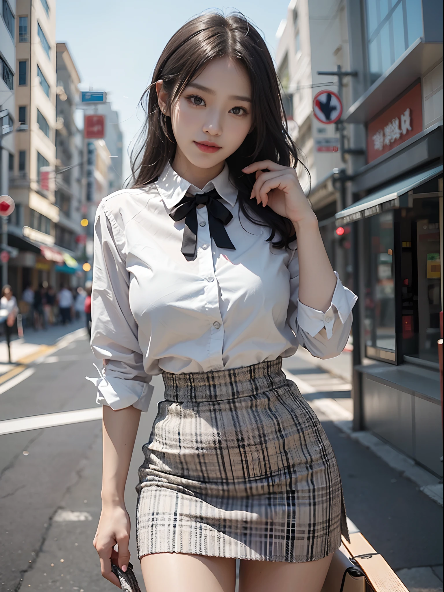 Wearing a white collar shirt in the city、OL woman in tight skirt is wriggling her hips、drooing eyes: 1.3,, (in 8K) , master piece, (No retouching, Lip gloss, False eyelashes, Real Skin, of the highest quality, 超A high resolution, depth of fields, chromatic abberation, Caustics, Wide Lighting, Natural Shading))Korean Idols、Live action、Sauce order、Asian woman smiling at Alafe,、Young Pretty Gravure Idol, Young skinny gravure idol, Realistic Young Gravure Idol, Young Sensual Gravure Idol, Japanese Models, Shot with Canon EOA 6 D Mark II, taken with canon eos 5 d mark iv, Young Gravure Idol,