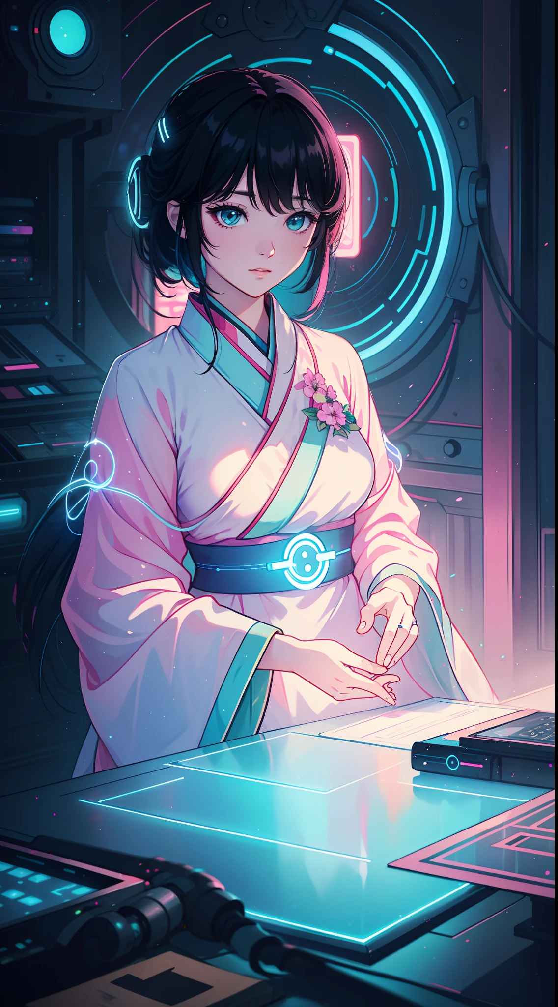neonlight,holy rays,Chinese girl in white Hanfu,black color hair,Disney style,PIXAR style,cyber punk style,Ring light,flowing,hyper realisitc,pastel colour,Pink cyan,Incredibly beautiful,Elements of reality and fantasy are mixed,Elegant composition,3Drenderingof,Soft focus,oc,Blander,best qualtiy,super detailing,Good atmosphere,delicated,cg render,detail render,(Delicate facial portrayal)(Fine hair portrayal)(highest quality)(Master masterpieces)(High degree of completion)(a sense of atmosphere)8k wallpaper,tmasterpiece,ultra - detailed