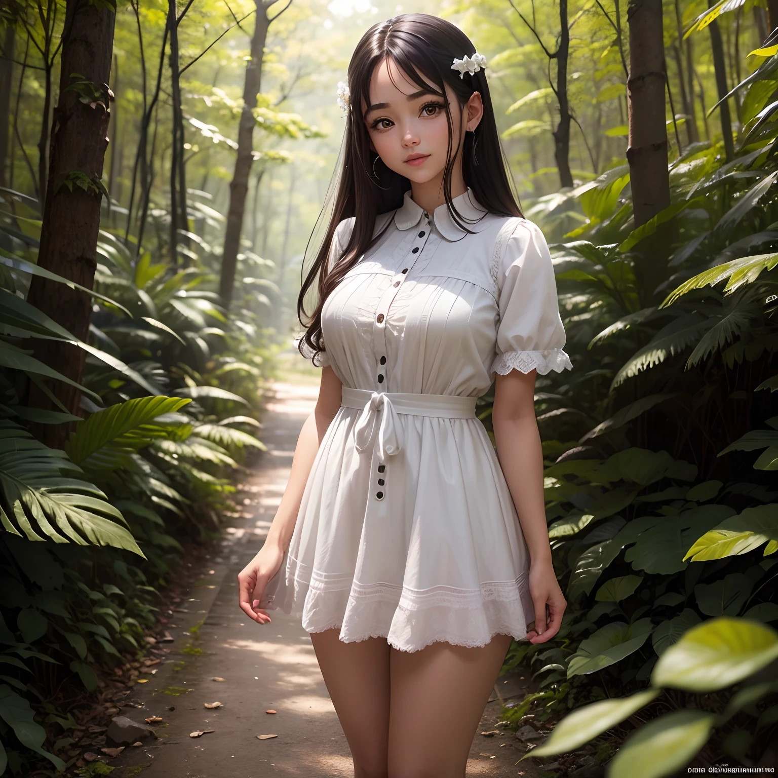 Qualidade de imagem superior、Fotografia RAW、超A high resolution、Menina bonito em 18 anos de idade、Tiroteio para apenas uma pessoa、grande peito redondo、clivagem da mama、Tampa feminina fofa、saia pelo、cabelos brilhantes、Belos Olhos de Detalhes、olhos muito alongados、beautiful eyelashes、beautiful double eyelids、beautiful legs, standing grandly in a forest, sorrindo sutilmente, usando vestido lolita