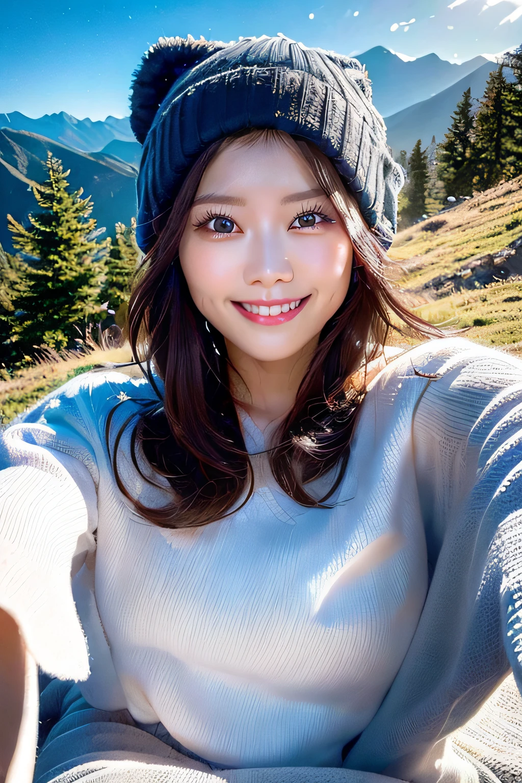 (Upper body selfie:1.3),Winter climbing,With a superb view from the summit in the background,Beautiful sunrise,Remove the beam from above,Backlighting,Generate images of beautiful women around the world,Especially while reflecting elements of Western beauty.Woman with natural smile and attractive expression,Woman with natural smile and attractive expression,Transparent skin,sparkle in eyes,Expresses an elegant atmosphere,,Solo, backpack,knit hat,Sweaters,gloves,Mountain boots,water bottle,Camping stove,kettle,mug,Single-person tent,strong wind blowing,blizzard,Hair fluttering in the storm,(The 8k quality,masutepiece,top-quality,Ultra-high resolution output image,),(Highly detailed raw photos:1.3),(Image Mode Ultra HD),