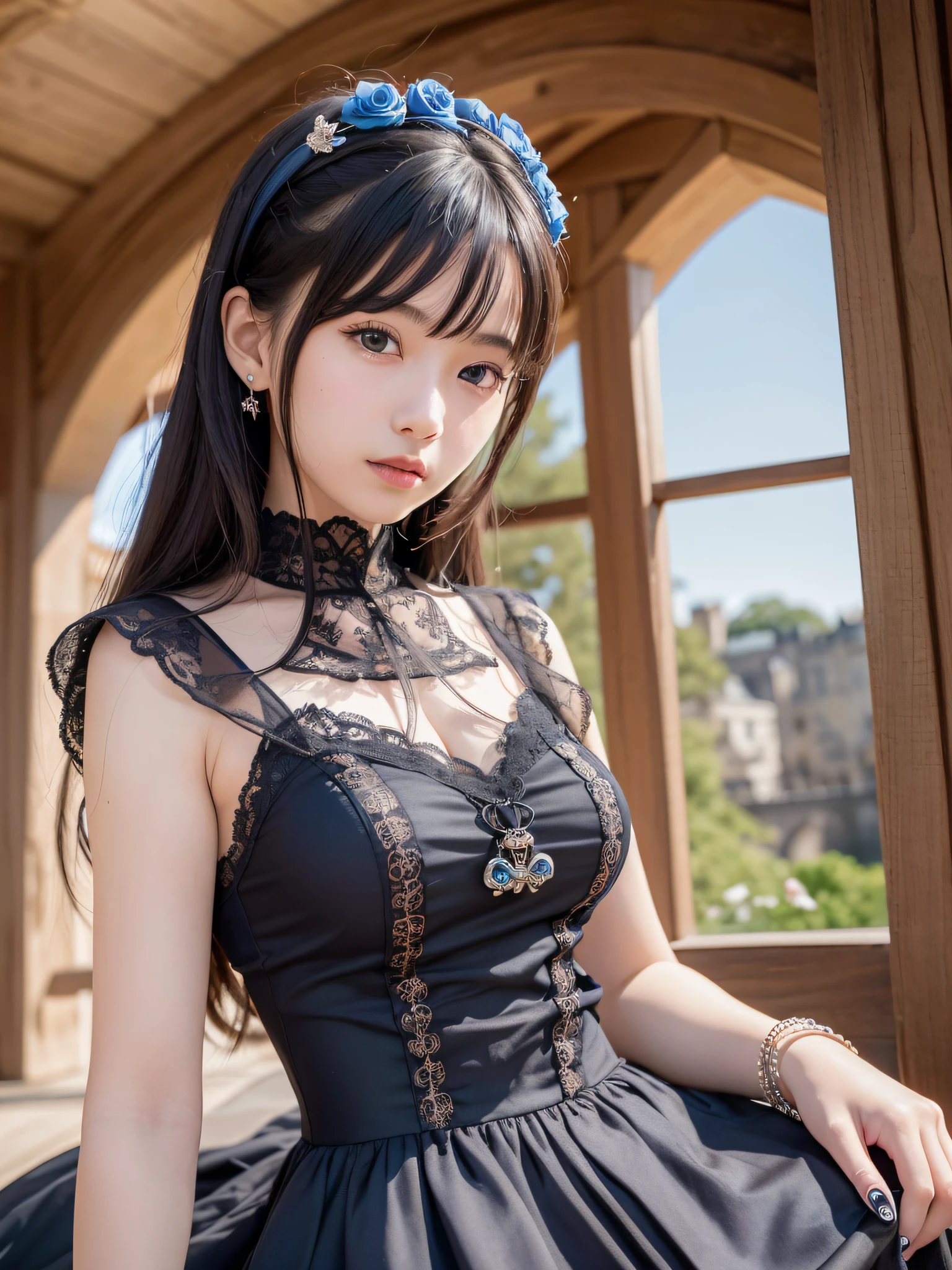 best quality, ultra hi res, photoreaslistic, a photography of a beautiful woman, 20yo teen age, detailed face, black Dutch braids with twists, (detailed porcelain doll,delicate clothes with a lot of frills and ribbons), Mansion pool, (face close up), seductive look, looking at viewer