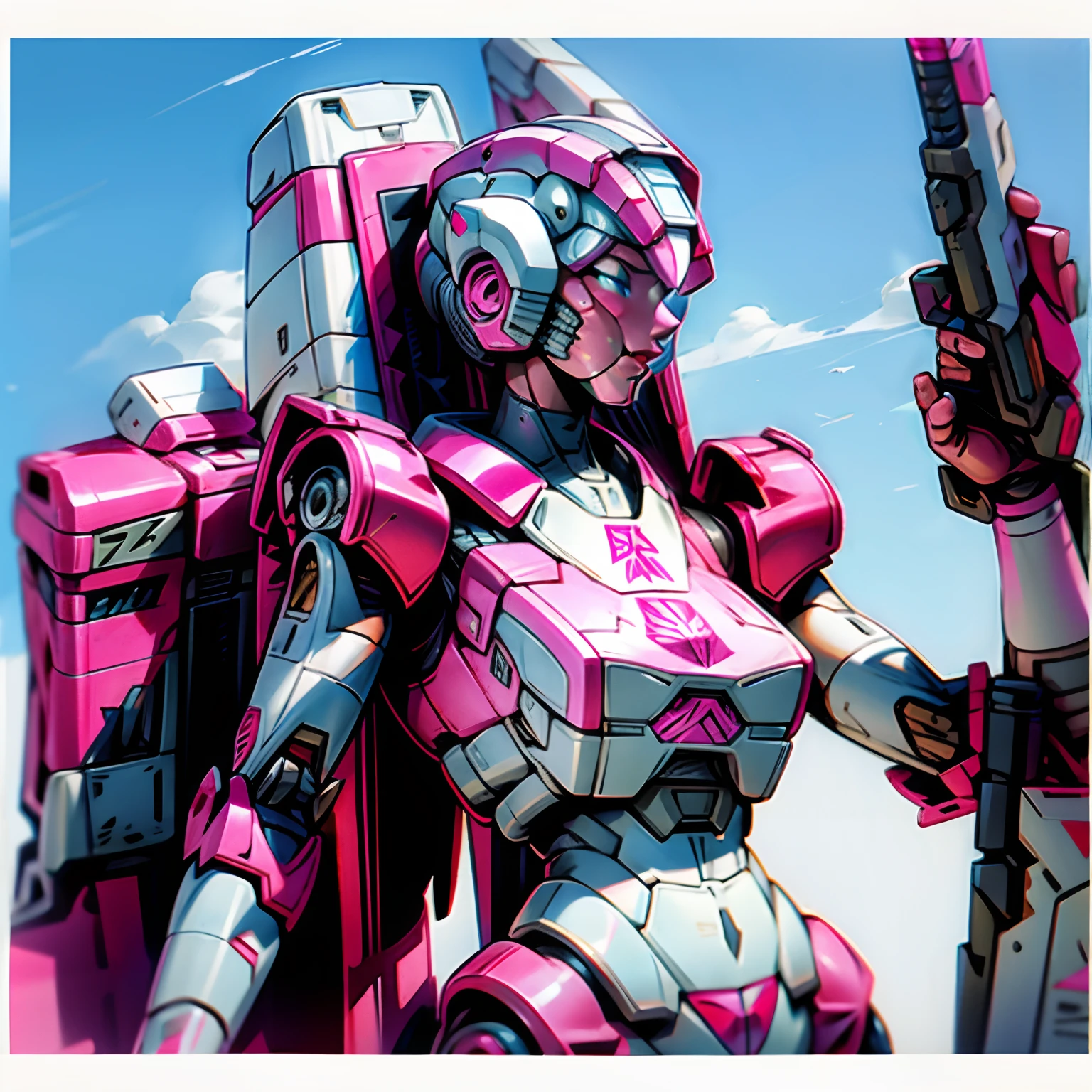 Transformers Arcee, pink white armor, two arms, two hands, airplane nose art style,