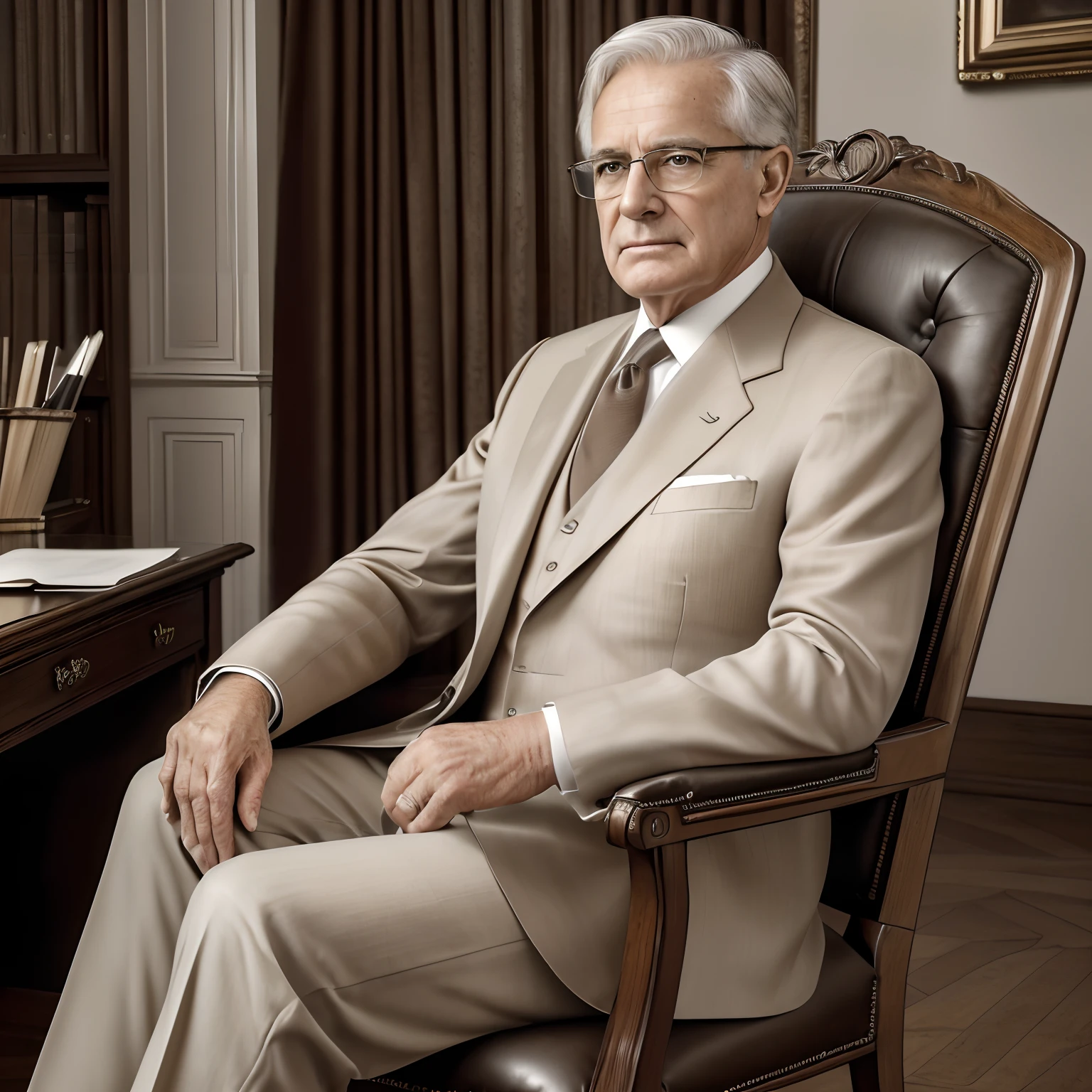 (best quality,4k,8k,highres,masterpiece:1.2),ultra-detailed,(realistic,photorealistic,photo-realistic:1.37),aged,classic,sepia,[portrait],old 1974 photograph,official portrait,German chancellor,58 years old,white hair, glasses,suit and tie,posing,sitting on a chair in the office