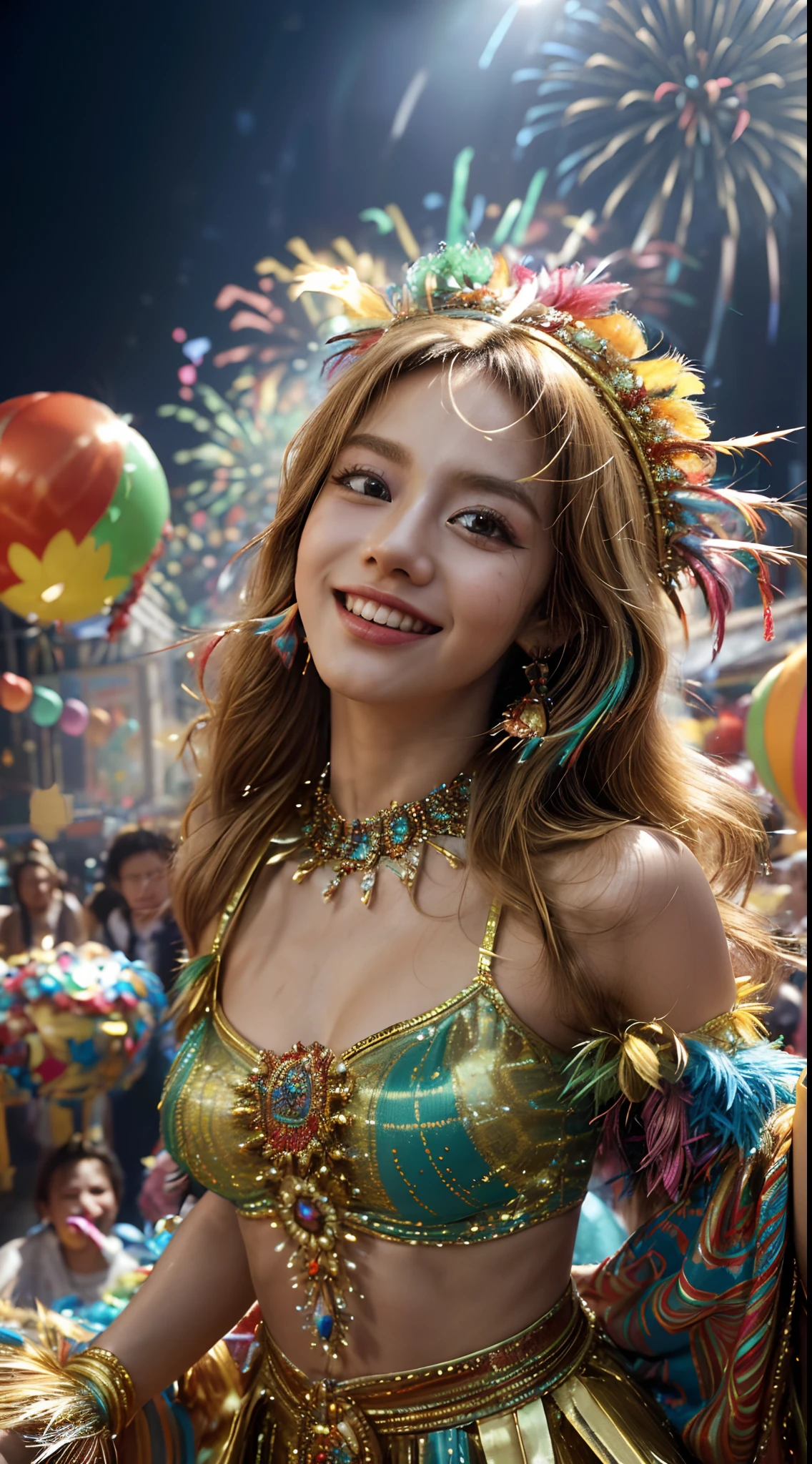 (masterpiece, high resolution, colorful:1.4), joyful crowd, (elaborate costumes:1.3), (feathered headdresses:1.1), dancing parade, (energetic music:1.2), confetti-filled streets, lively atmosphere, (decorative floats:1.1), (bustling market stalls:1.2), (delicious street food:1.1), smiling faces, (balloons:1.3), cheerful balloons, (festive decorations:1.1), (bright lights:1.3), dynamic angle, (flying streamers:1.2), vibrant colors, (dazzling fireworks:1.3), exuberant celebration, (samba dancers:1.2), rhythmic movements, blonde long hair, 8k, extremely detailed face, extremely detailed eyes, 8k, Small breasts