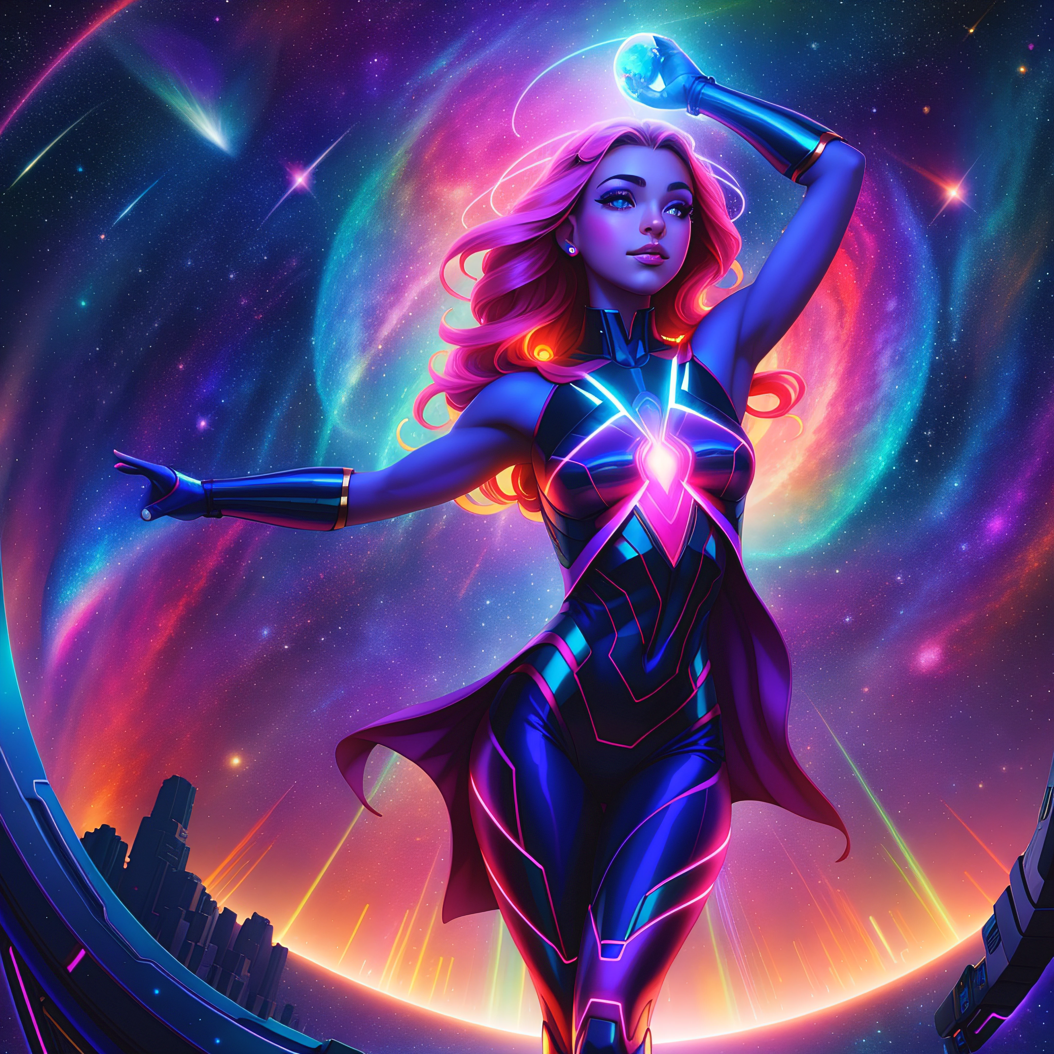 ethereal girl with glowing body and arms in front of a colorful galaxy, jen bartel, artgerm julie bell beeple, cosmic goddess, cyborg goddess in cosmos, beeple and jeremiah ketner, goddess of galaxies, goddess of space and time, portrait of a cosmic goddess, alena aenami and artgerm, cosmic girl, blacklight are.