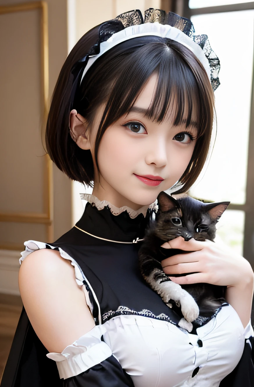 1girl,18 years old,(cleavage between breasts:1.2), beautiful eyes,smile, japanese idol, extremely pretty, cute, perfect face, fascinating smile, captivating smile, happy smile, large round eyes, Gentle facial expression, (holding a cute kitten:1.3), looking at the viewer, 1girl, masterpiece,realistic, white panties,round big eyes, shiny skin,small nostrils,light makeup, (french traditional black maid costume:1.2),maid headdress,short hair,socks, shallow depth of field,