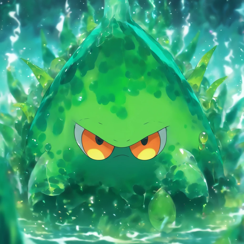 Abablla Slime, swamp green with a green and orange spiked shell and white horns, and solid teal eyes, masterpiece, best quality