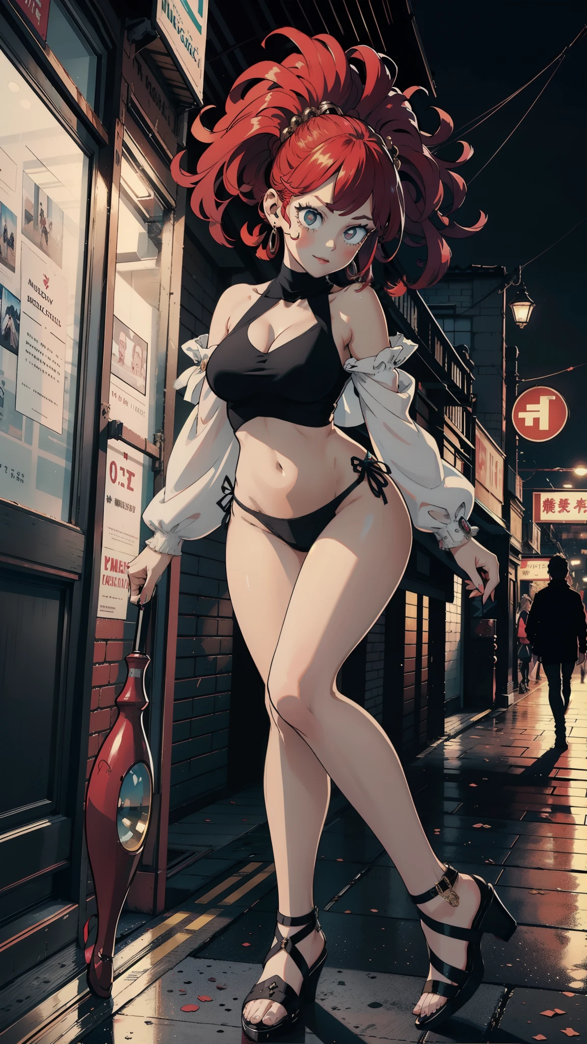 Dynamic poses, ultra detail, large breast,looking at viewer, top quality, masterpiece,detail face, outdoor, top quality, smile, jewellery, elegant, blush, night:1.5, turtleneck crop top, navel, six pack, body goals:1.5, hair ornament, akihabara city:1.5, full body shot, 1female,(Very detailed CG unity 8K wallpaper),best qualtiy,cinematic lighting,detailed background,beatiful detailed eyes,Bright pupil,Redlip(Very fine and beautiful),(Beautiful and detailed eye description),ultra - detailed,masterpiece,), exposed cleavage, black panties, bare shoulder, exposed armpit, highheels