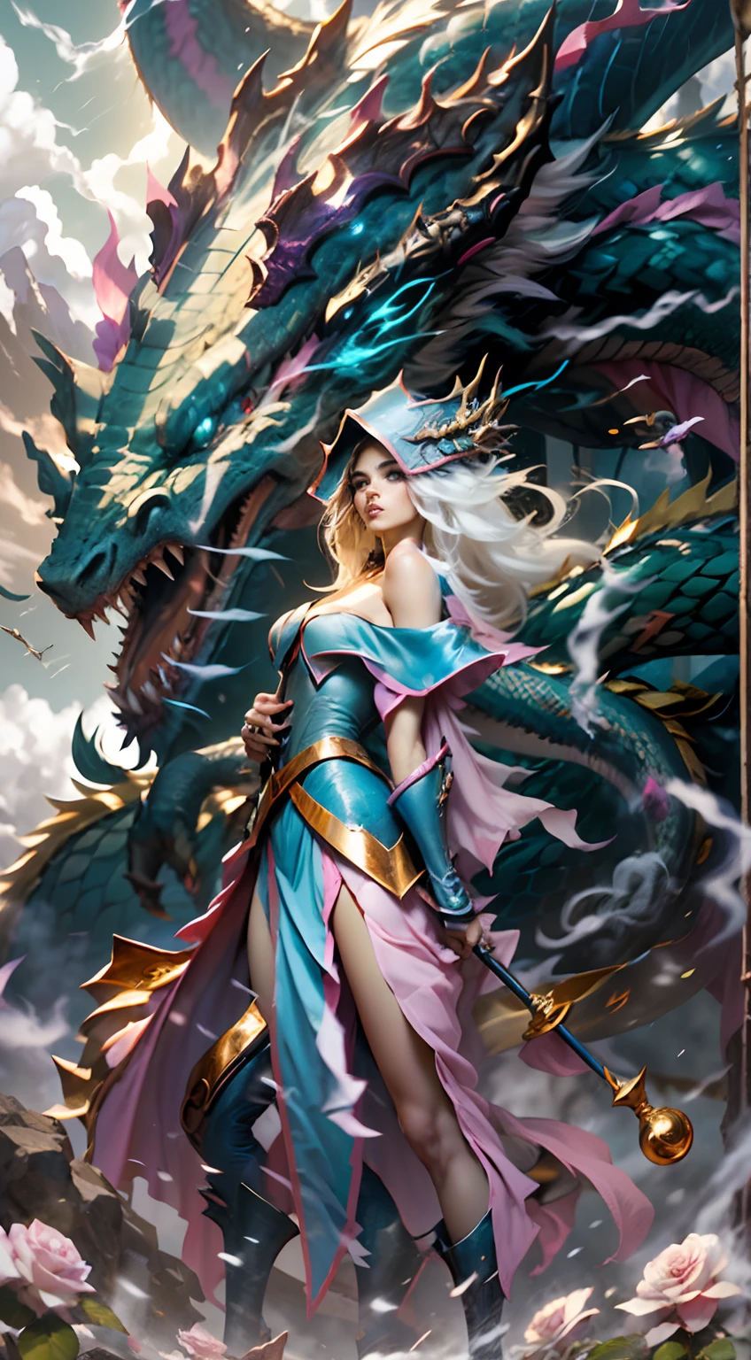The White Dragon rose into the air（The Dark Wizard manipulates the dragon：1.3），（The dark wizard girl is in front of the camera：1.3），Las nubes del cielo rodean los alrededores，magia de luz，fantastic background，Significado de fondo，Ridiculous background，There are artistic overlays，cabello rubio, surrealismo, cinematic lighting, Trazado de rayos, Luz de Dios, Speed Line, view angle, hiper HD, obra maestra, La mejor calidad, Super detail, A high resolution, alta calidad，（vista lejana：1.3）Dark Wizard Dragon Magic