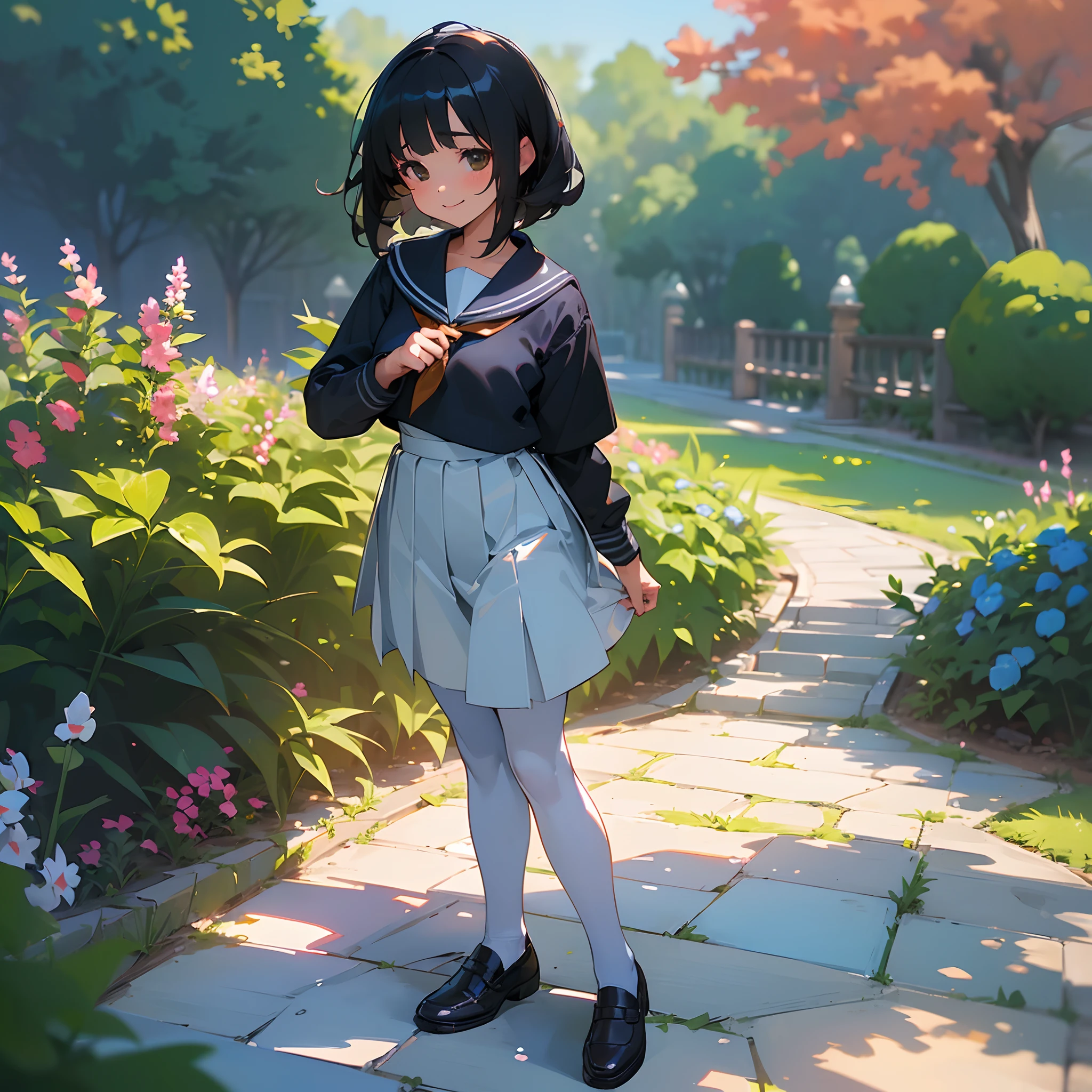 (Best Quality, hight resolution, Ultra-detailed, Realistic:1.37), peaceful ambiance, (plein air, garden), Teenage girl standing alone, Beautiful detailed features, Cute smile, ((Black bob hair)),Navy blue sailor suit, Pleated skirt,White pantyhose,Brown leather shoes.