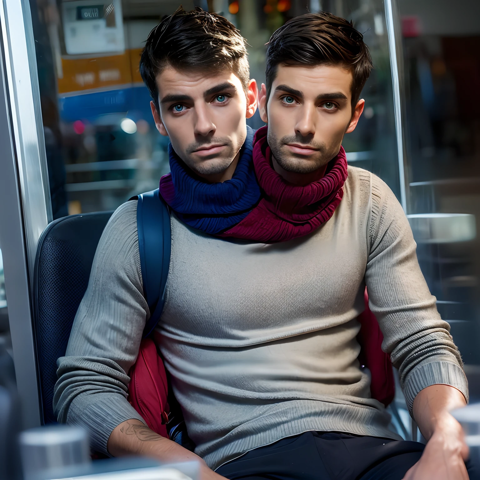 2heads:1.5, 1man brunette chilean and 1wan blonde French, 37 years old, emo, skinny, sleepy, wearing a colorful turtleneck sweater, backpack on lap,, delicate body hair visible, visible acne on forehead, talking while sitting on a bus stop, very detailed and realistic skin with some body hair on arms, some minor blemishes on face, acne,pov, looking away into the distance,dull artificial lighting,, taken from 15 feet away