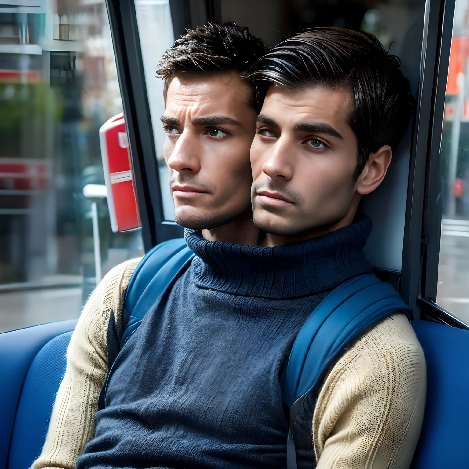 2heads:1.5, 1man brunette chilean and 1wan blonde French, 37 years old, emo, skinny, sleepy,  wearing a colorful turtleneck sweater, backpack on lap,, delicate body hair visible, visible acne on forehead, talking while sitting on a bus stop, very detailed and realistic skin with some body hair on arms, some minor blemishes on face, acne,pov, looking away into the distance,dull artificial lighting,, taken from 15 feet away
