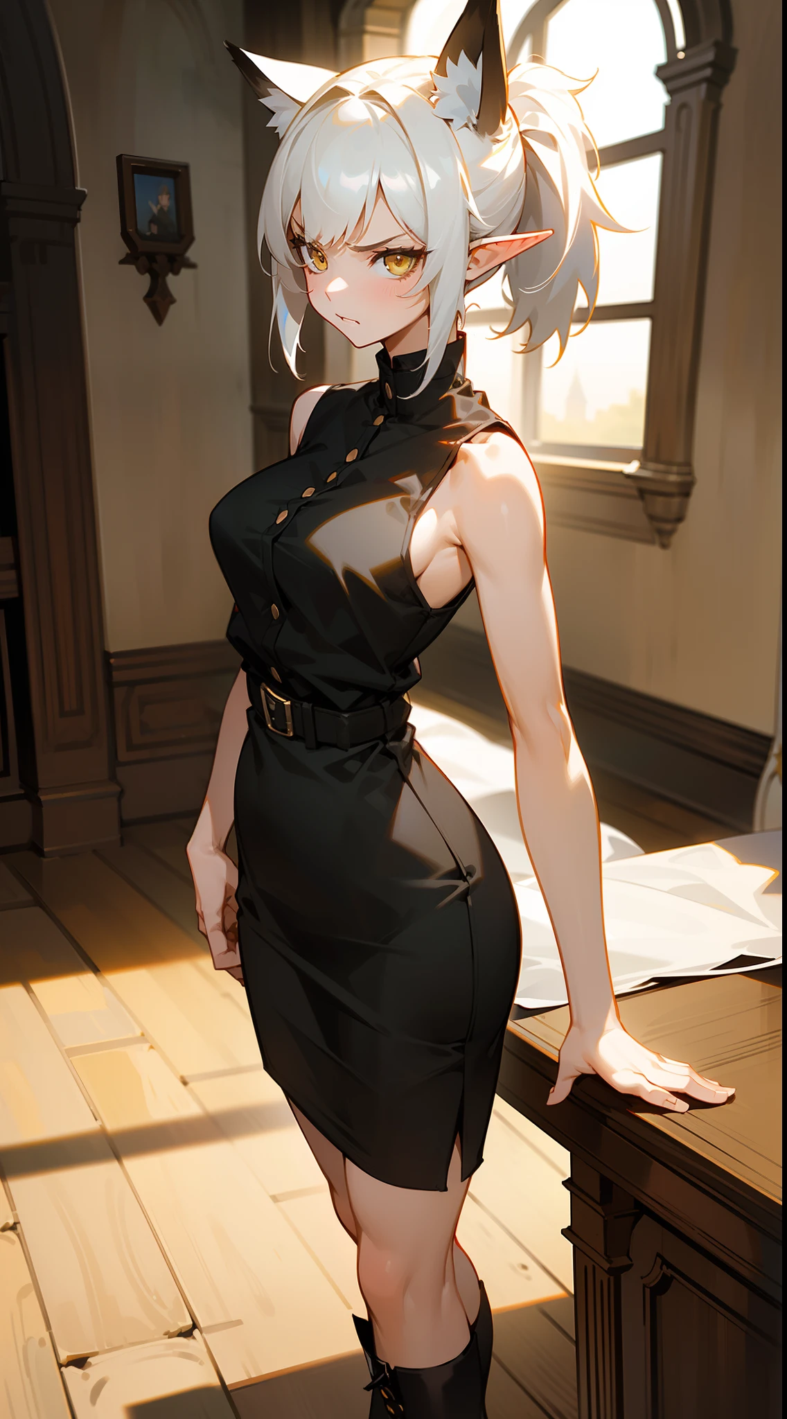 Original Character,8k, Masterpiece, Best Quality,Detailed, solo),1girl, medium breasts,black shirt,sleeveless,black pencil skirt,black long boots,short ponytail hair,yellow eyes,white hair,fox ears,elf ears,(standing in a room in castle),angry,cowboy shot