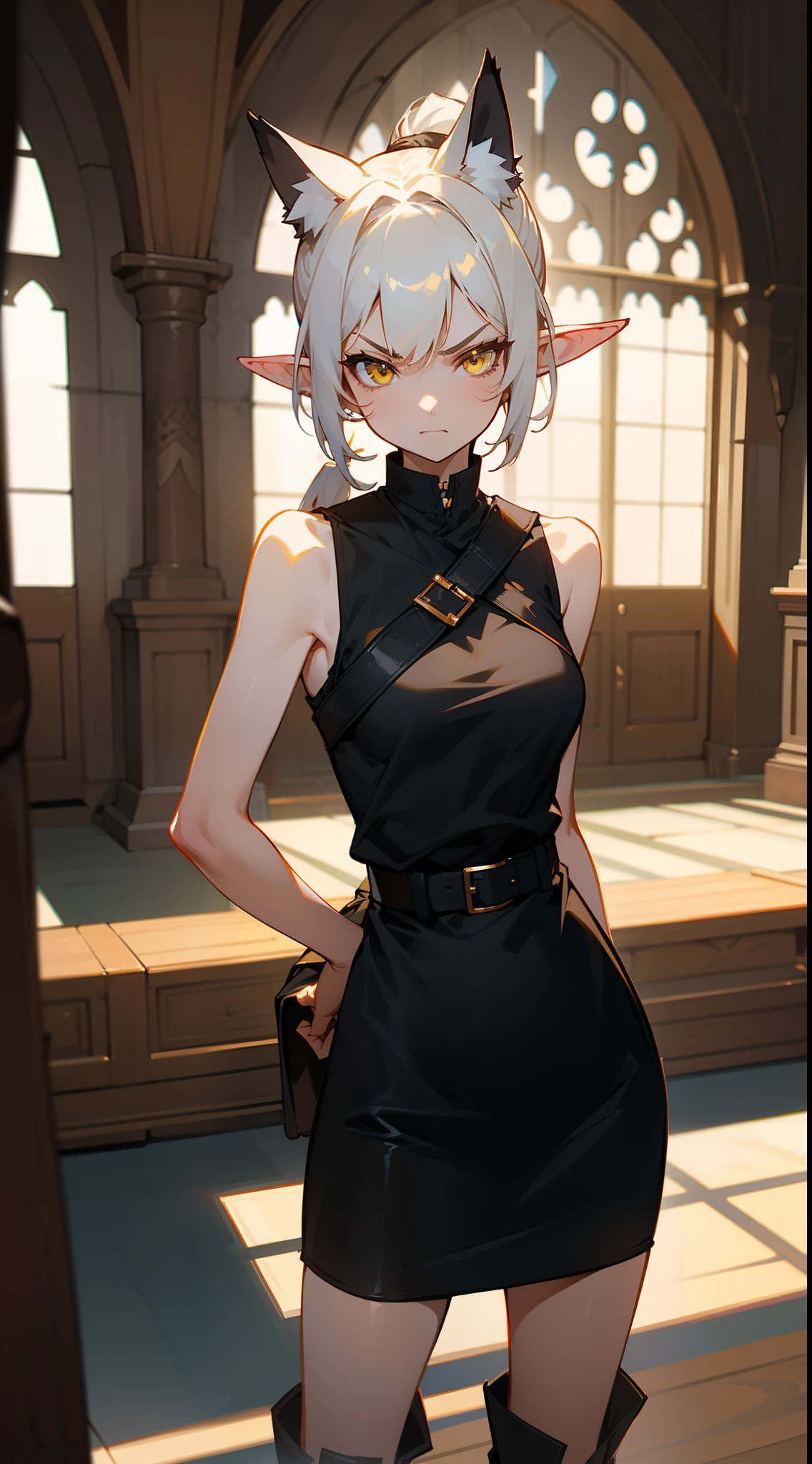 Original Character,8k, Masterpiece, Best Quality,Detailed, solo),1girl, medium breasts,black shirt,sleeveless,black pencil skirt,black long boots,short ponytail hair,yellow eyes,white hair,fox ears,elf ears,(standing in a room in castle),angry,cowboy shot
