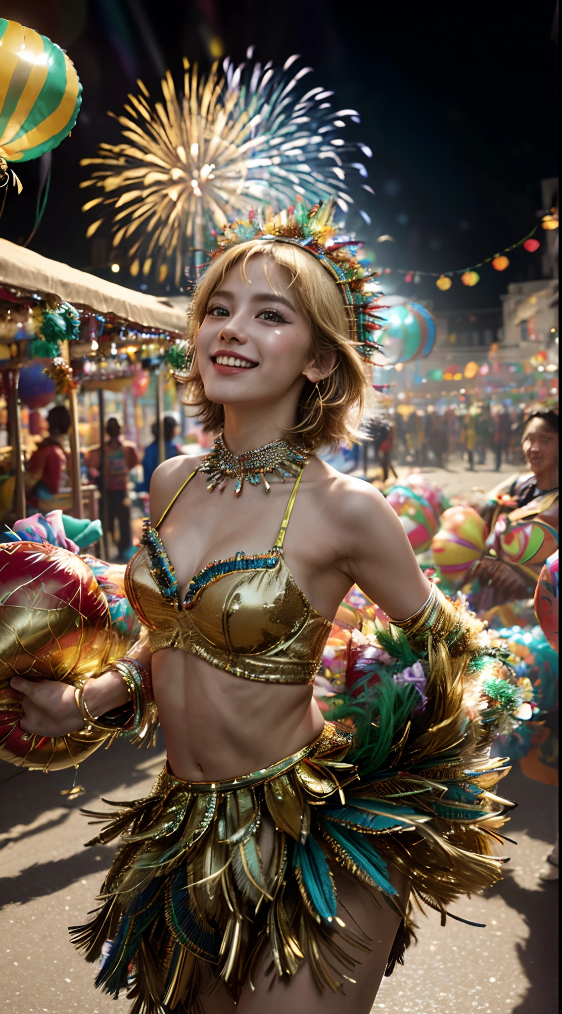 (masterpiece, high resolution, colorful:1.4), joyful crowd, (elaborate costumes:1.3), (feathered headdresses:1.1), dancing parade, (energetic music:1.2), confetti-filled streets, lively atmosphere, (decorative floats:1.1), (bustling market stalls:1.2), (delicious street food:1.1), smiling faces, (balloons:1.3), cheerful balloons, (festive decorations:1.1), (bright lights:1.3), dynamic angle, (flying streamers:1.2), vibrant colors, (dazzling fireworks:1.3), exuberant celebration, (samba dancers:1.2), rhythmic movements, blonde short hair, 8k, extremely detailed face, extremely detailed eyes, 8k, Small breasts