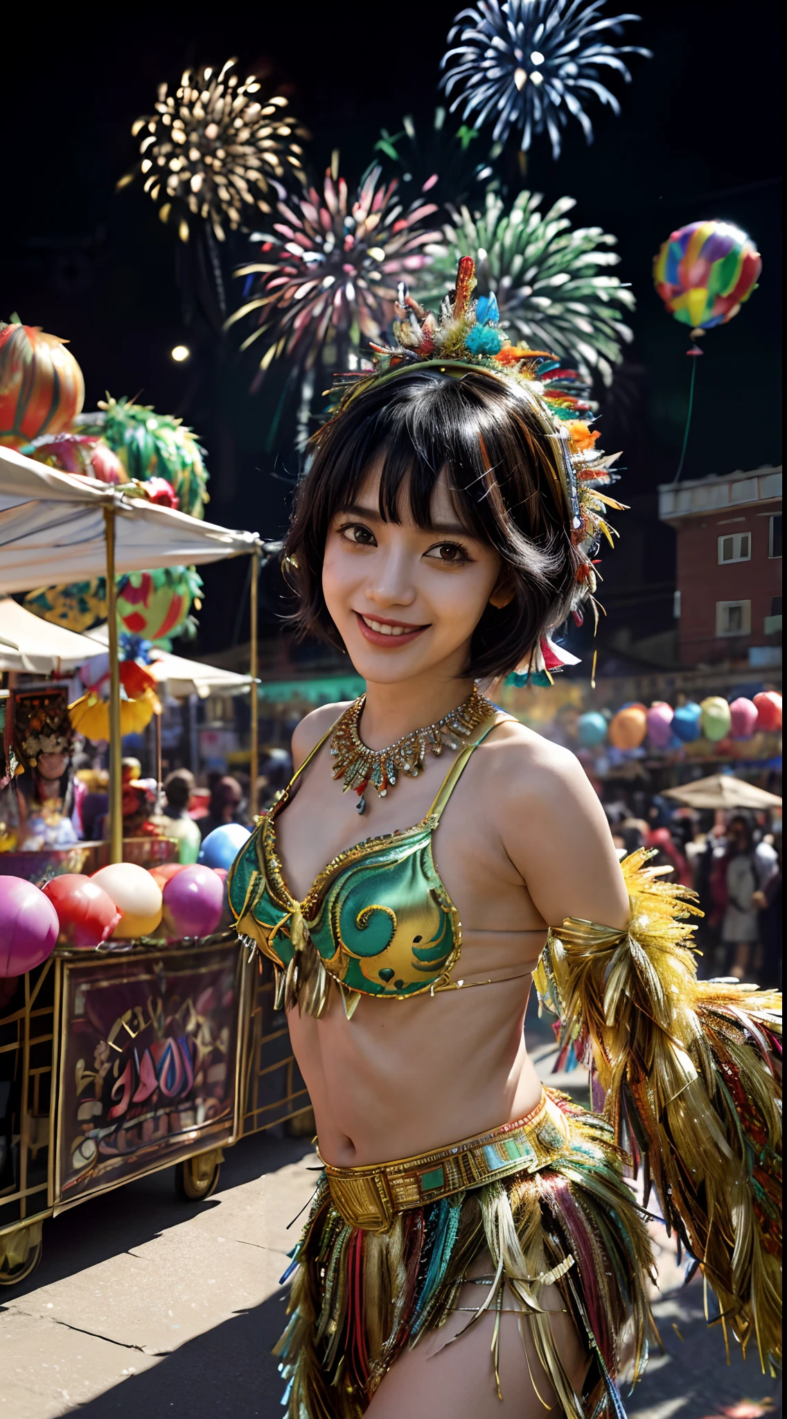 (masterpiece, high resolution, colorful:1.4), joyful crowd, (elaborate costumes:1.3), (feathered headdresses:1.1), dancing parade, (energetic music:1.2), confetti-filled streets, lively atmosphere, (decorative floats:1.1), (bustling market stalls:1.2), (delicious street food:1.1), smiling faces, (balloons:1.3), cheerful balloons, (festive decorations:1.1), (bright lights:1.3), dynamic angle, (flying streamers:1.2), vibrant colors, (dazzling fireworks:1.3), exuberant celebration, (samba dancers:1.2), rhythmic movements, black short hair with bangs, 8k, extremely detailed face, extremely detailed eyes, 8k, Small breasts