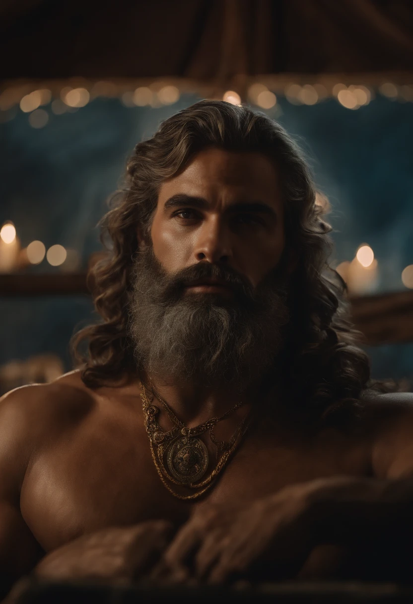 Prompt: Um retrato realista de Zeus, sobre o Olimpo, fundo escuro, cinematic color tones, cena detalhada, imagem real