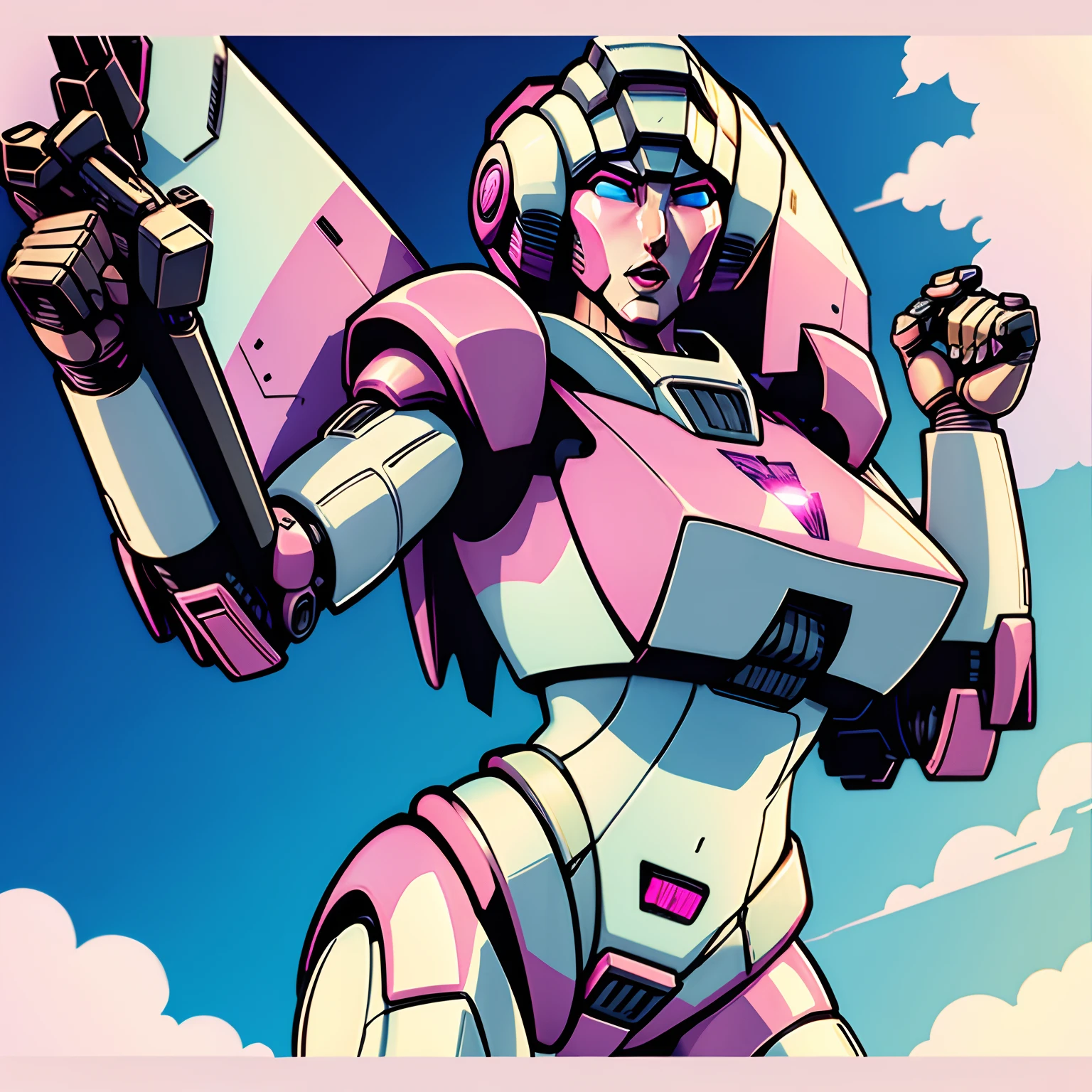 Transformers Arcee, robotic face, pink white armor, airplane nose art style,