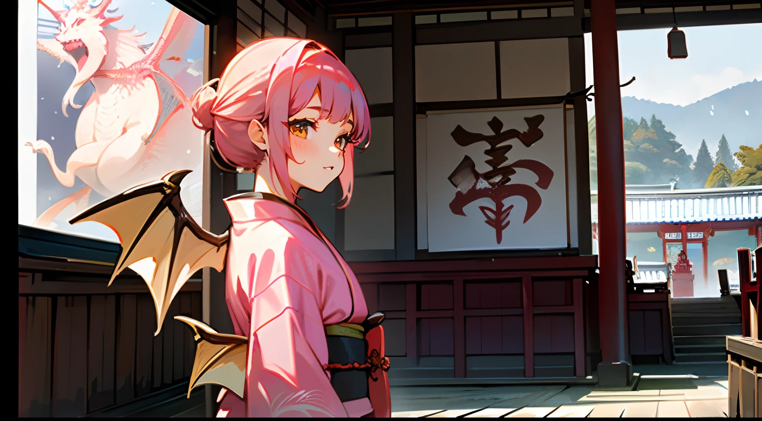 ((An 18-year-old woman wearing a kimono who came to visit a shrine、Woman with dragon child smiling on screen on back,Dragon wings growing on his back,))Pink Kurdish hair, There is a large shrine in the background, Shrine shimenawa and offering box.,It's snowing,