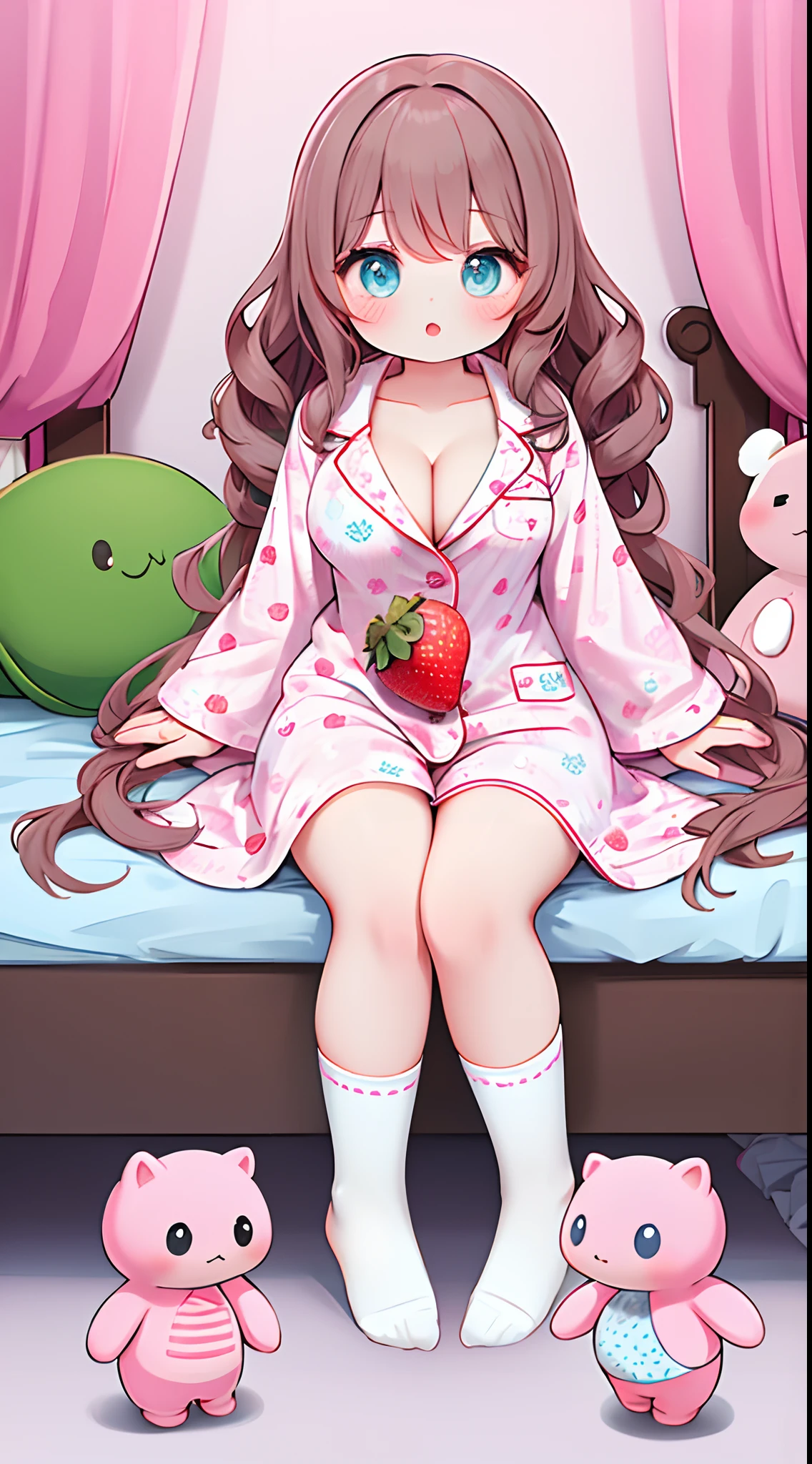 Lori  cleavage，（（（Small anthropomorphism））），One girl、（Light blue and pink 1:1）、Pink print pajamas，Strawberry print，dual horsetail，Cute Baby Turtle、Long、Wavy hair、tmasterpiece、Top image quality、top-quality、brunette color hair、Very long hair，White knee-length socks，posing in bed