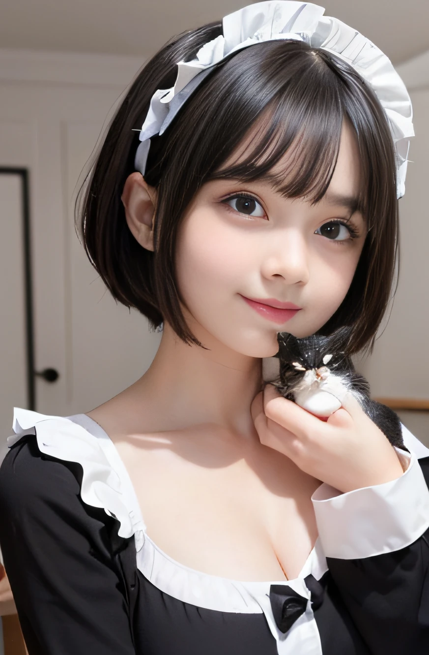 1girl in,18 years old,(cleavage of the breast:1.2), Beautiful eyes,Smile, Japanese Idol, extremely pretty, Cute, Perfect face, A charming smile, seducting smile, Happy smile, large round eyes, Gentle expression, (Holding a cute kitten:1.3), Looking at the viewer, 1girl in, masutepiece,Realistic, White panties,round big eyes, Shiny skin,small nostrils,Light makeup, (French traditional black maid costume:1.2),Maid headdress,Short hair,sox, Shallow depth of field,