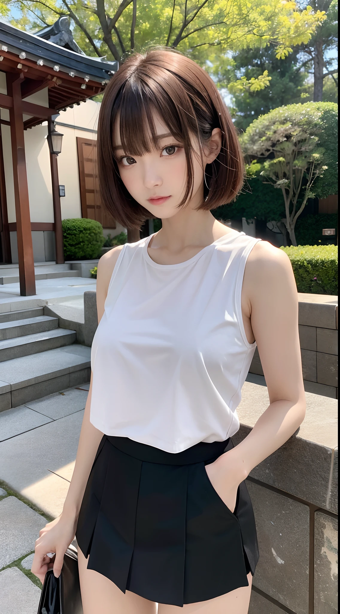 {8K photo quality:1.2}、{ultra-high resolution photo quality:1.2}、{Ultra-realistic1.2}、{perfect limb}、{japanes}、masterpiece、nsfw、1female、20yr old、Being at the shrine、serious facial expression、Black miniskirt、White blouses、Brown bob cut hair、