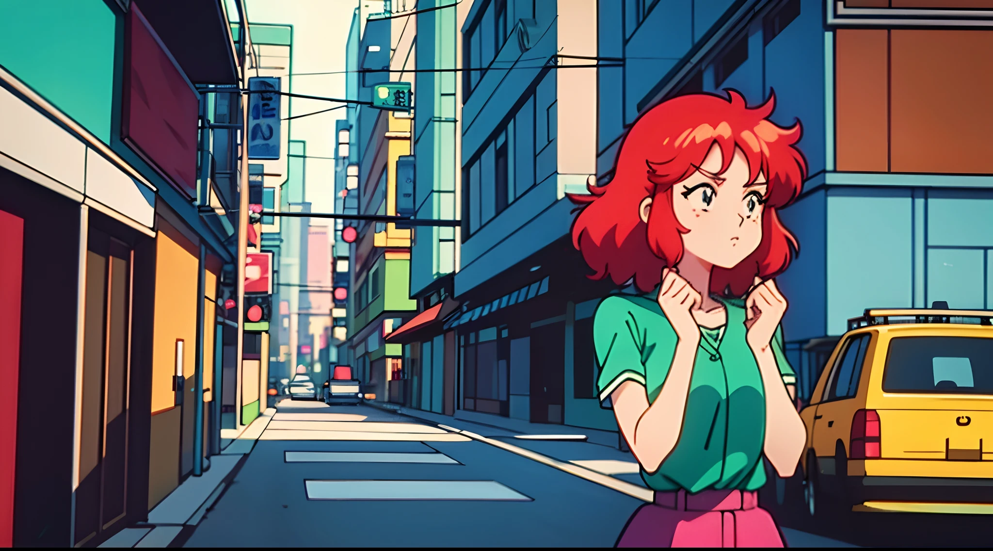 a woman with red hair and a green shirt in front of a building at night, menina lofi, 8 0 s vibe anime, anime vibes, Digital anime illustration, retro anime girl, menina anime sedutora, Elogio Artstyle, no estilo de arte do anime 8 0 s, Estilo anime. 8k, arte digital do anime cyberpunk, anime 4k.