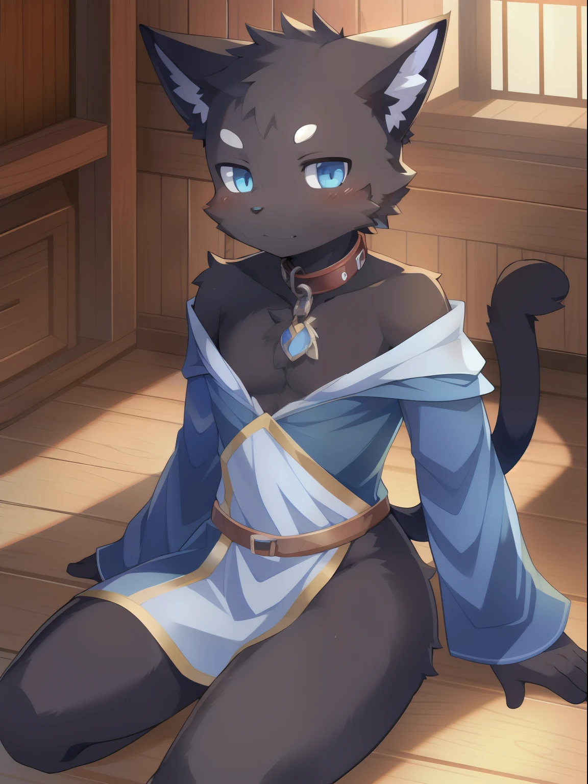 masterpiece, solo, 1boy, Furry, kemono, furry cat, anthropomorphic, male, black fur, black skin, blue eyes, medium breasts, blue wizard clothes, slave collar, sexy clothes, fantasy town, uploaded on e621,