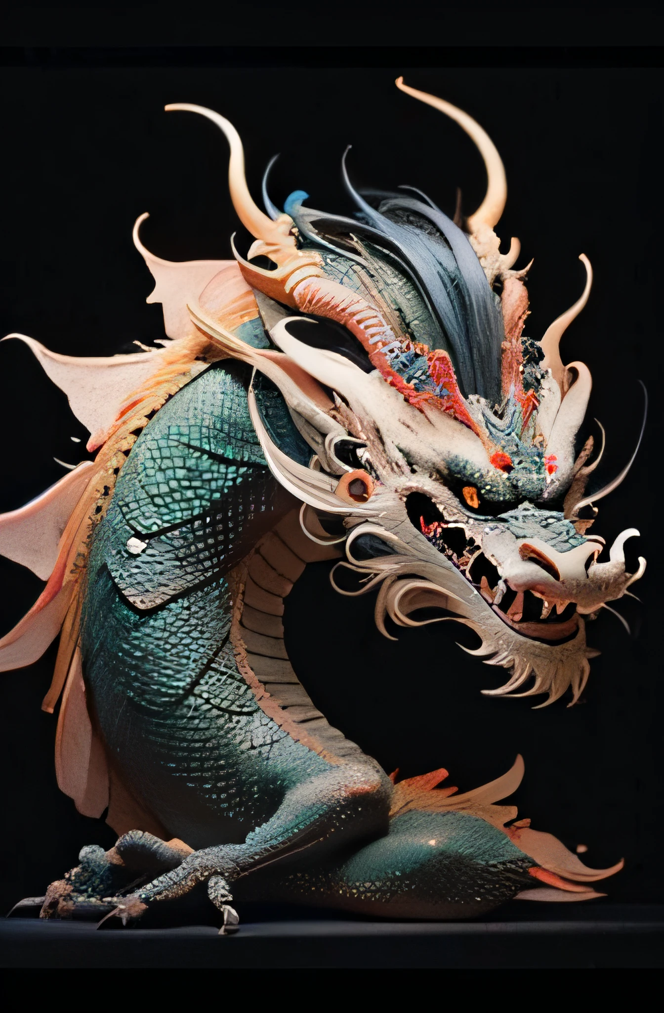 A close up of a dragon statue on a black surface - SeaArt AI