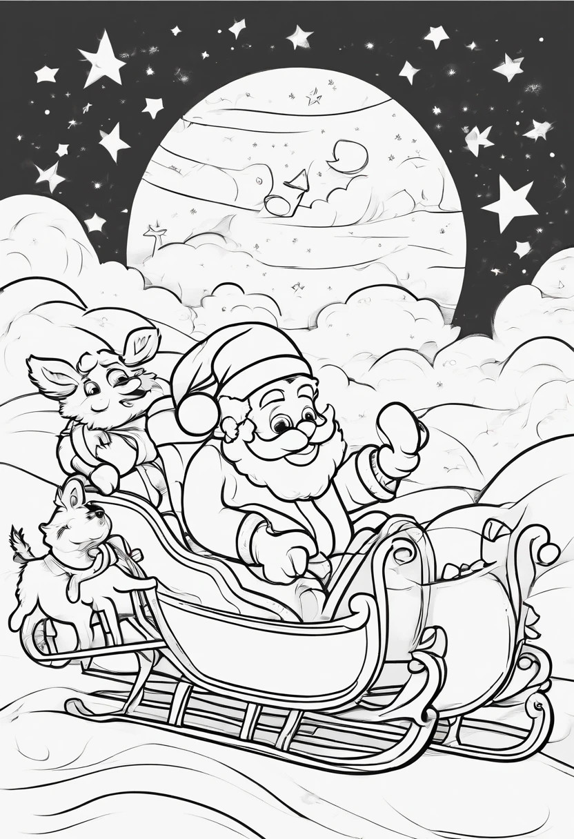 Cute Pixar Style Santa Claus in a beautiful sleigh, being pulled across the sky by cute white fluffy puppies, lineart for colouring page, thin black precise lines on white background,
