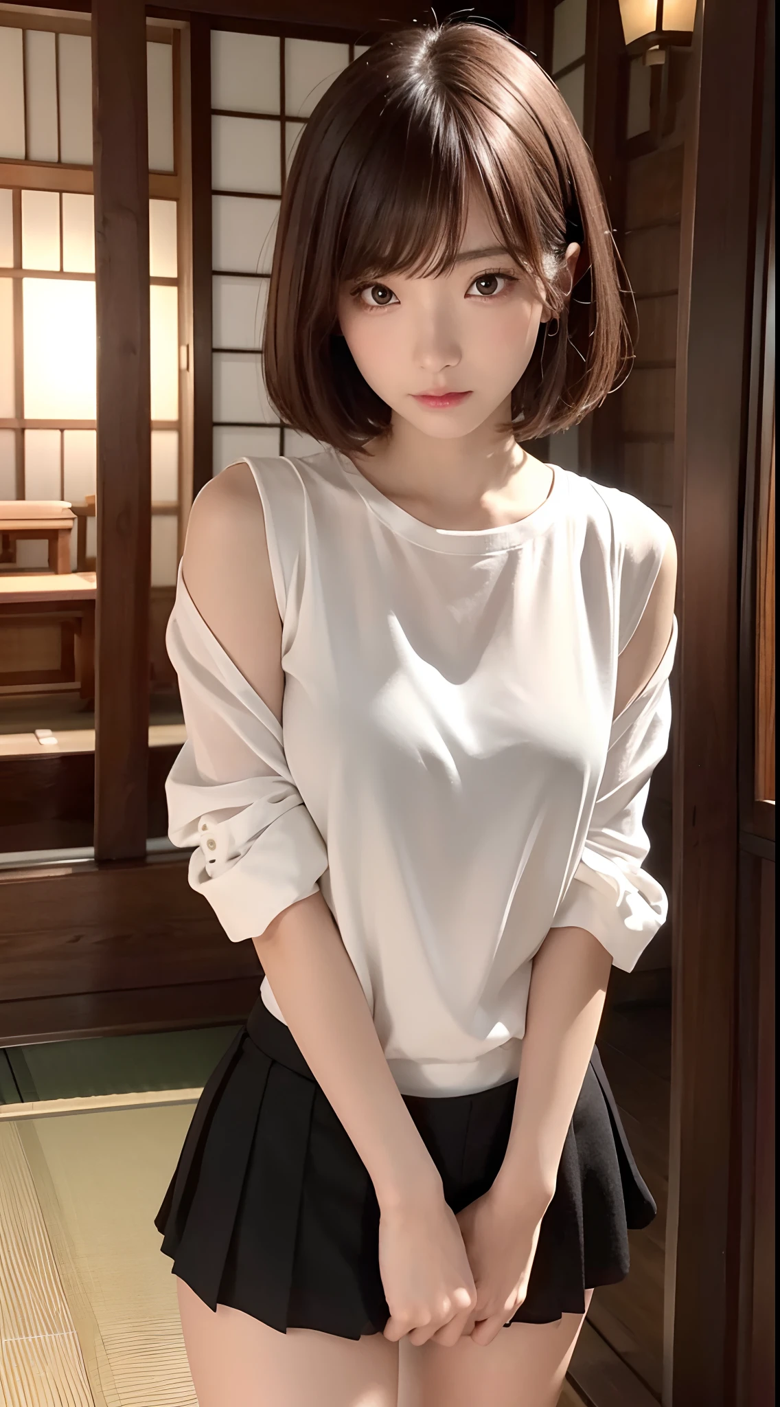 {8K photo quality:1.2}、{ultra-high resolution photo quality:1.2}、{Ultra-realistic1.2}、{perfect limb}、{japanes}、masterpiece、nsfw、1female、20yr old、Being in a temple、serious facial expression、Black miniskirt、White blouses、Brown bob cut hair、