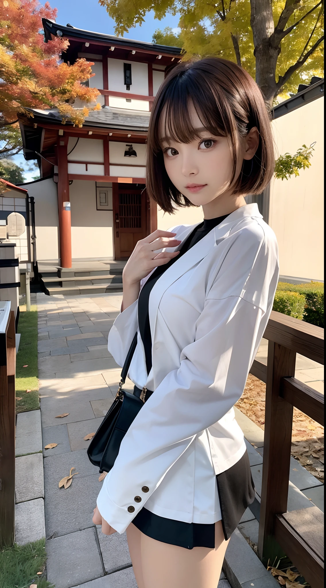 {8K photo quality:1.2}、{ultra-high resolution photo quality:1.2}、{Ultra-realistic1.2}、{perfect limb}、{japanes}、masterpiece、nsfw、1female、20yr old、Being at the shrine、serious facial expression、Black miniskirt、White blouses、Brown bob cut hair、Autumn leaves