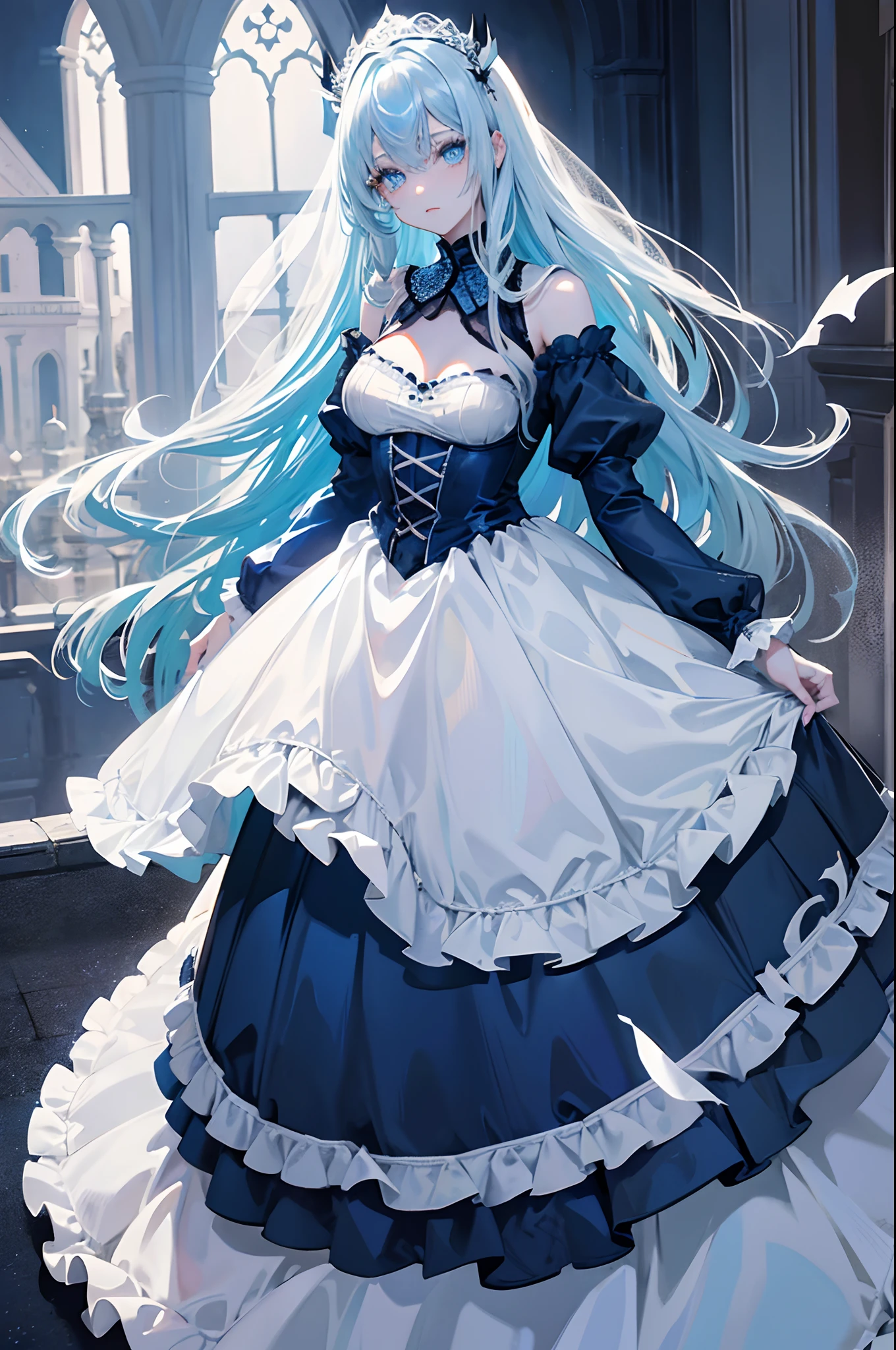 long blue hair blue eyess Halloween White lace dress Drinking tea at the castle masterpiece Top image quality Clear cinematic shadow Increased attractiveness of the eyes Clear the shine of the eyes Draw eyelashes neatly Perfect Eye A detailed eye Sharpen image quality Sharpen eye writing Clear eye shape