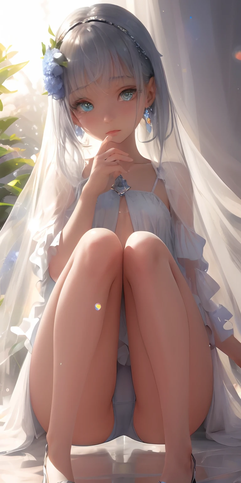 art by Cornflower, dready（A  girl，Has a beautiful pair of delicate eyes。full bodyesbian,teardrop,Heterochromia，spread their legs，Camel toes，The depth of field in the photo was perfect，The lens flare adds a touch of brightness。The delicate details on her face really stand out