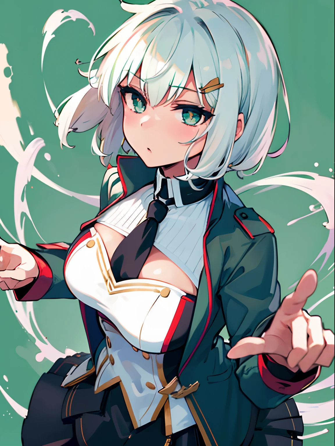 Best quality, 1girl, short hair, white hair, green eyes, green blazer, black skirt, detailed background, looking at viewer, hair ornaments, close up
