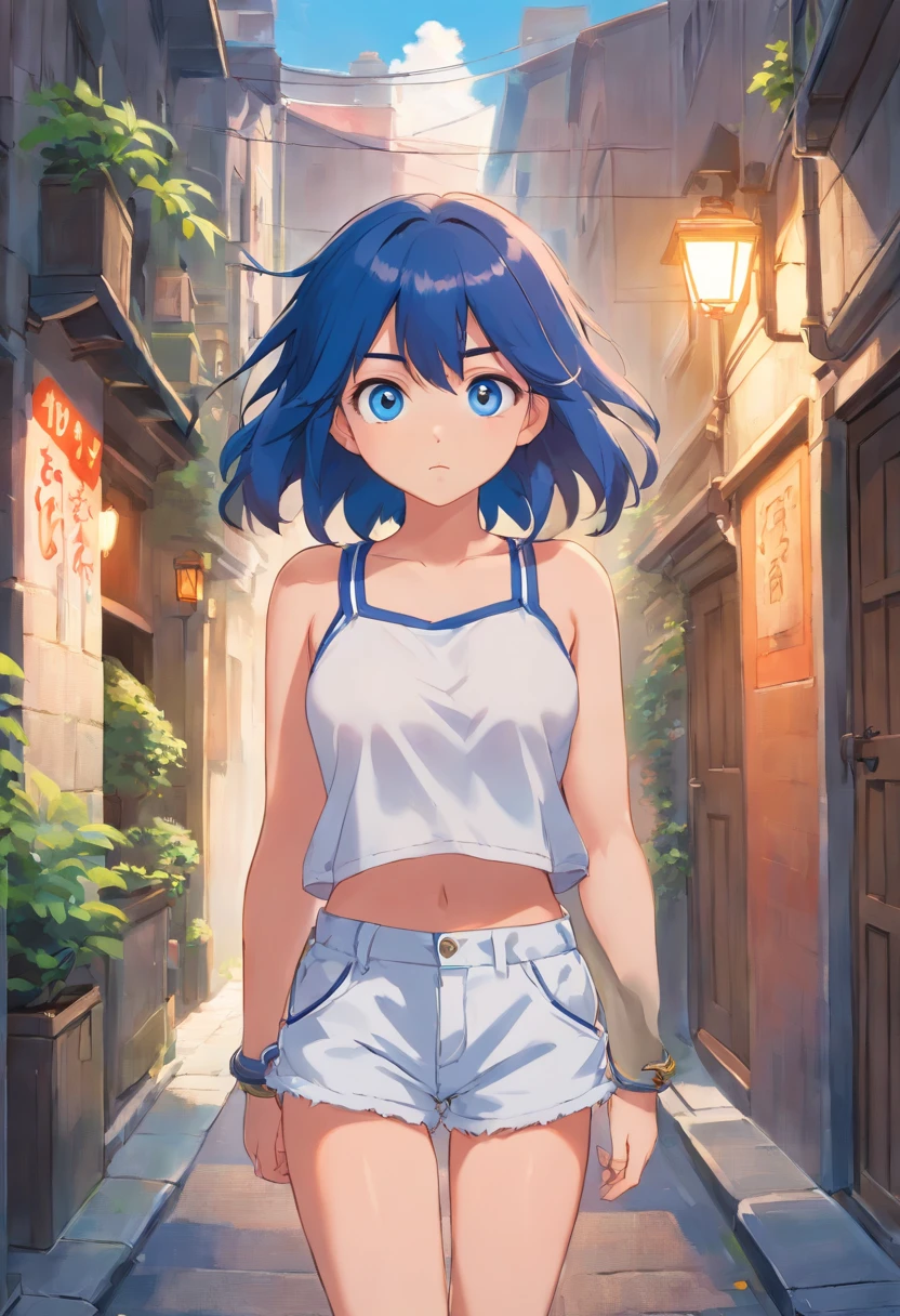 Liko, Blue eye, navy blue, hair, young girl, white shorts, no top, no bra, exposed breasts, exposed boobs, small boobs, cute girl, pouting, masterpiece,in an alleyway, pokémon girl,