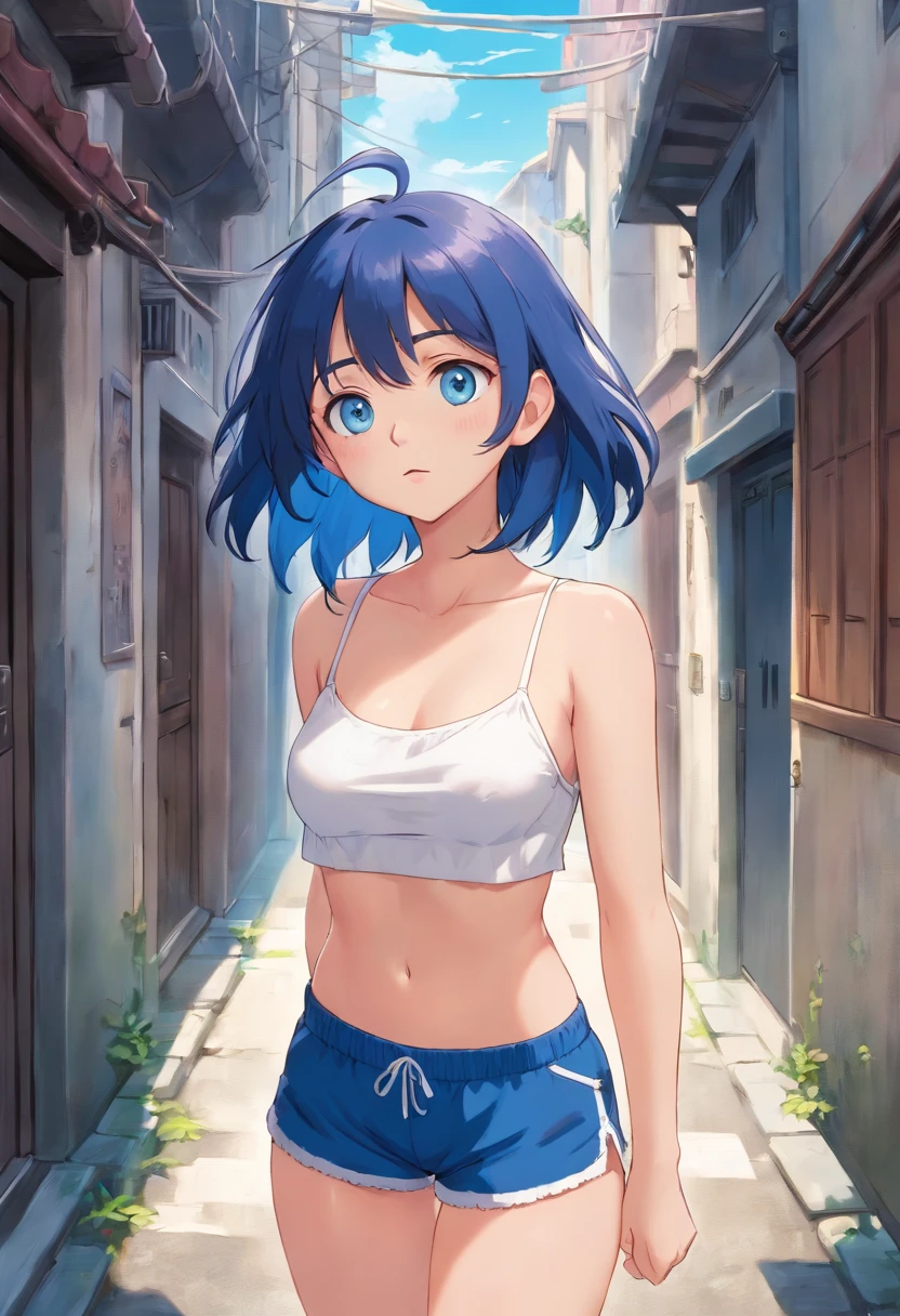 Liko, Blue eye, navy blue, hair, young girl, naked, no clothes, nude, exposed boobs, small boobs, cute girl, pouting, masterpiece, in an alleyway, pokémon girl, ultra high quality, highly detailed, best quality,