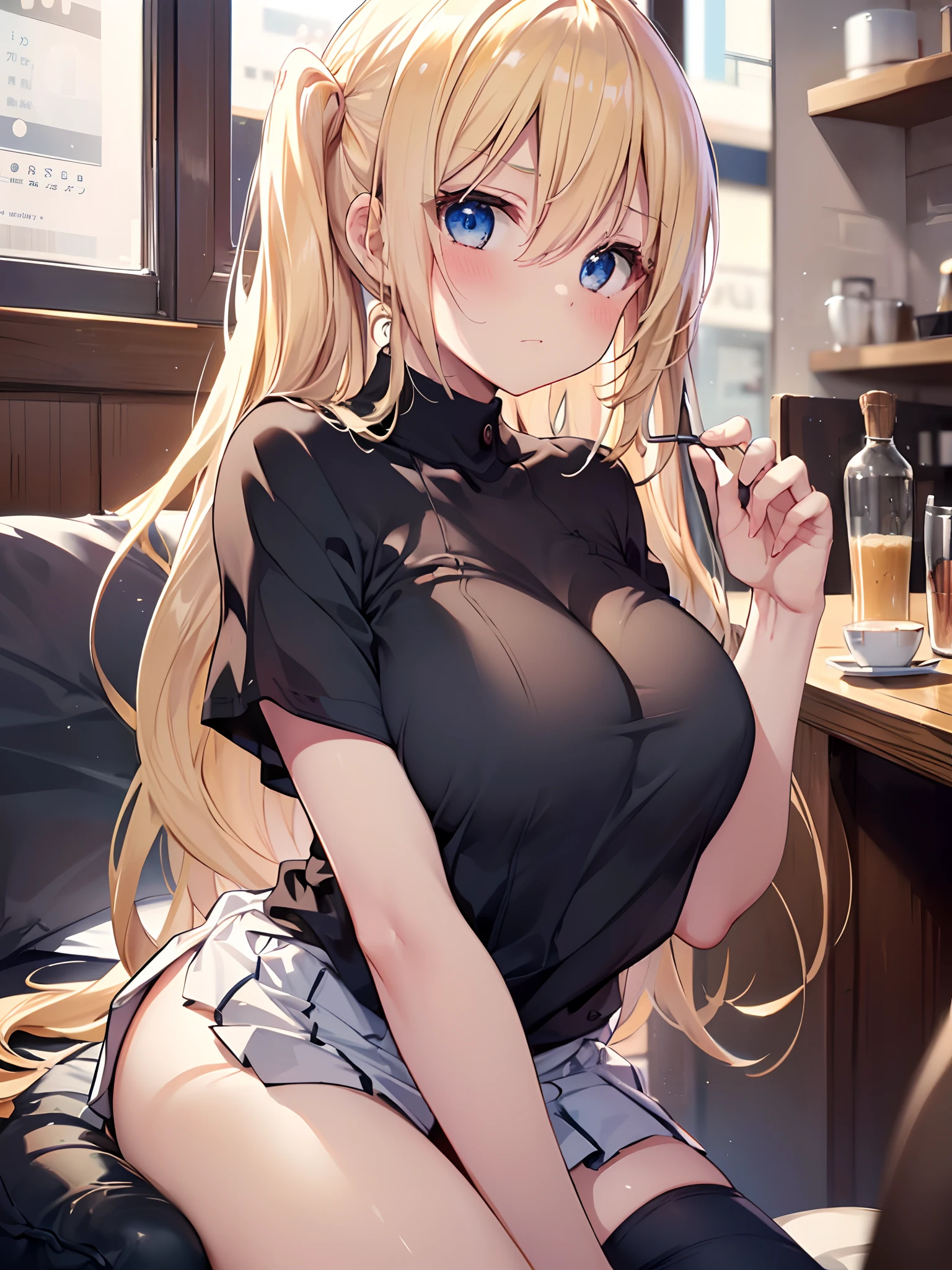 1girl in, (Chiquita:1.2), Kaho Hyuga, a blond, Twin-tailed,

black shirt, Check skirt, 
(Best Quality, hight resolution, 4K, Detailed Lighting, Shaders, perfect anatomia:1.2, NSFW), 
(nursing, grabbing on breasts, Focus:1.2), 

smug, blush, 
Looking at Viewer, 
Cafe Background,